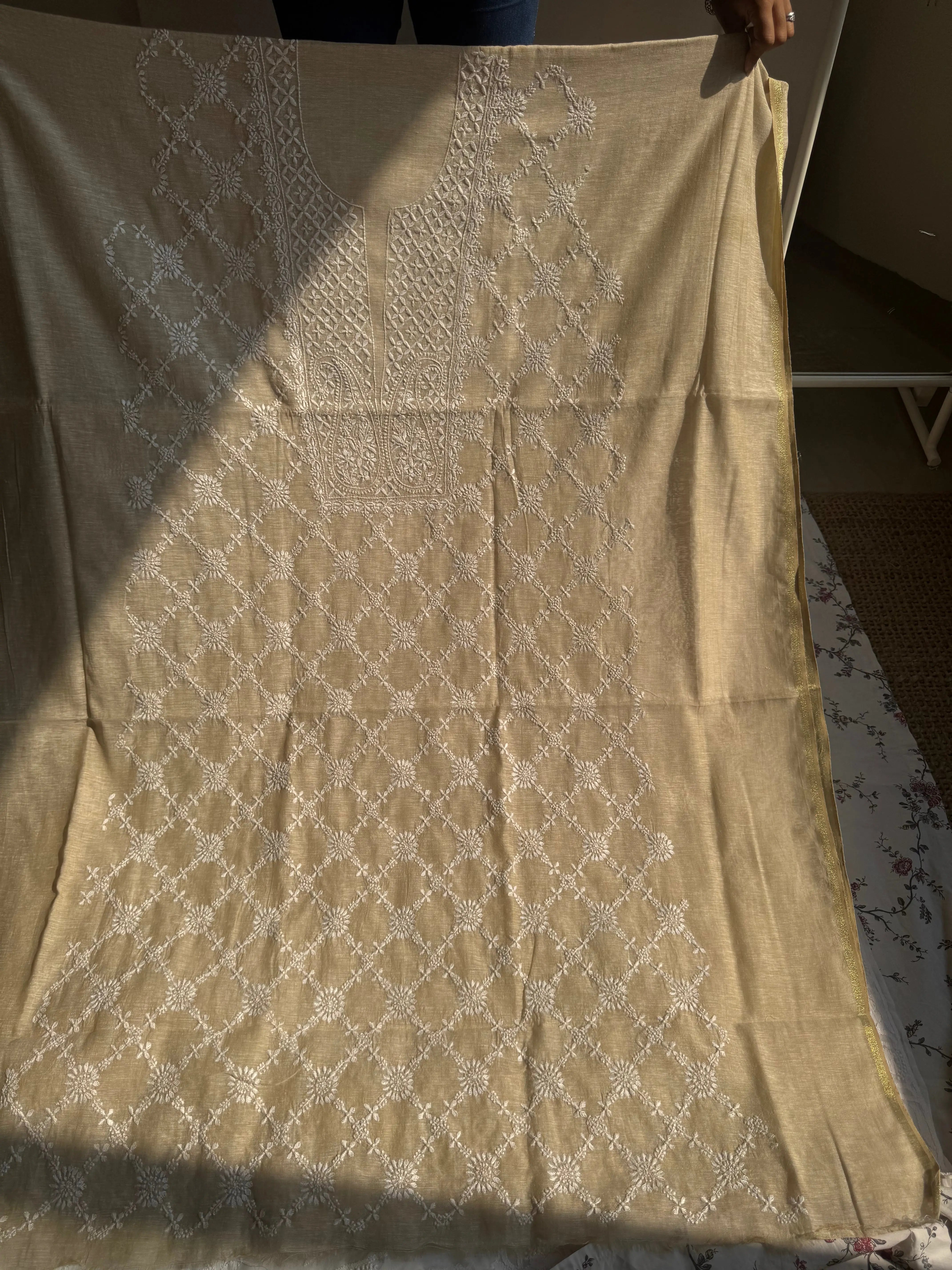 Khaadi Cotton Chikankari Kurti Length - Natural Beige ARIAA CHIKANKARI