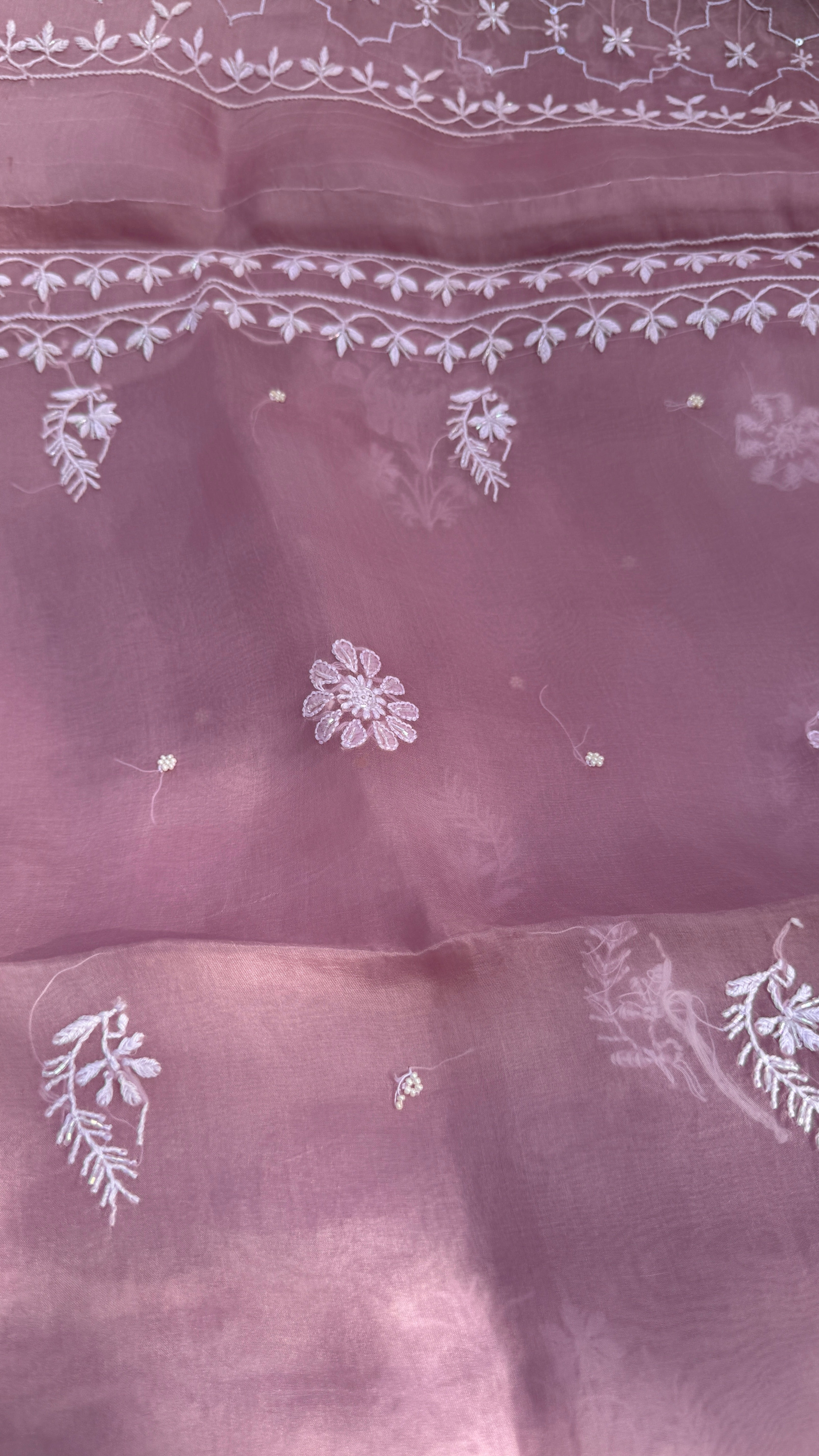 Organza Chikankari Kurta Set with Dupatta | Pearl & Cutdana Work - Rosewood