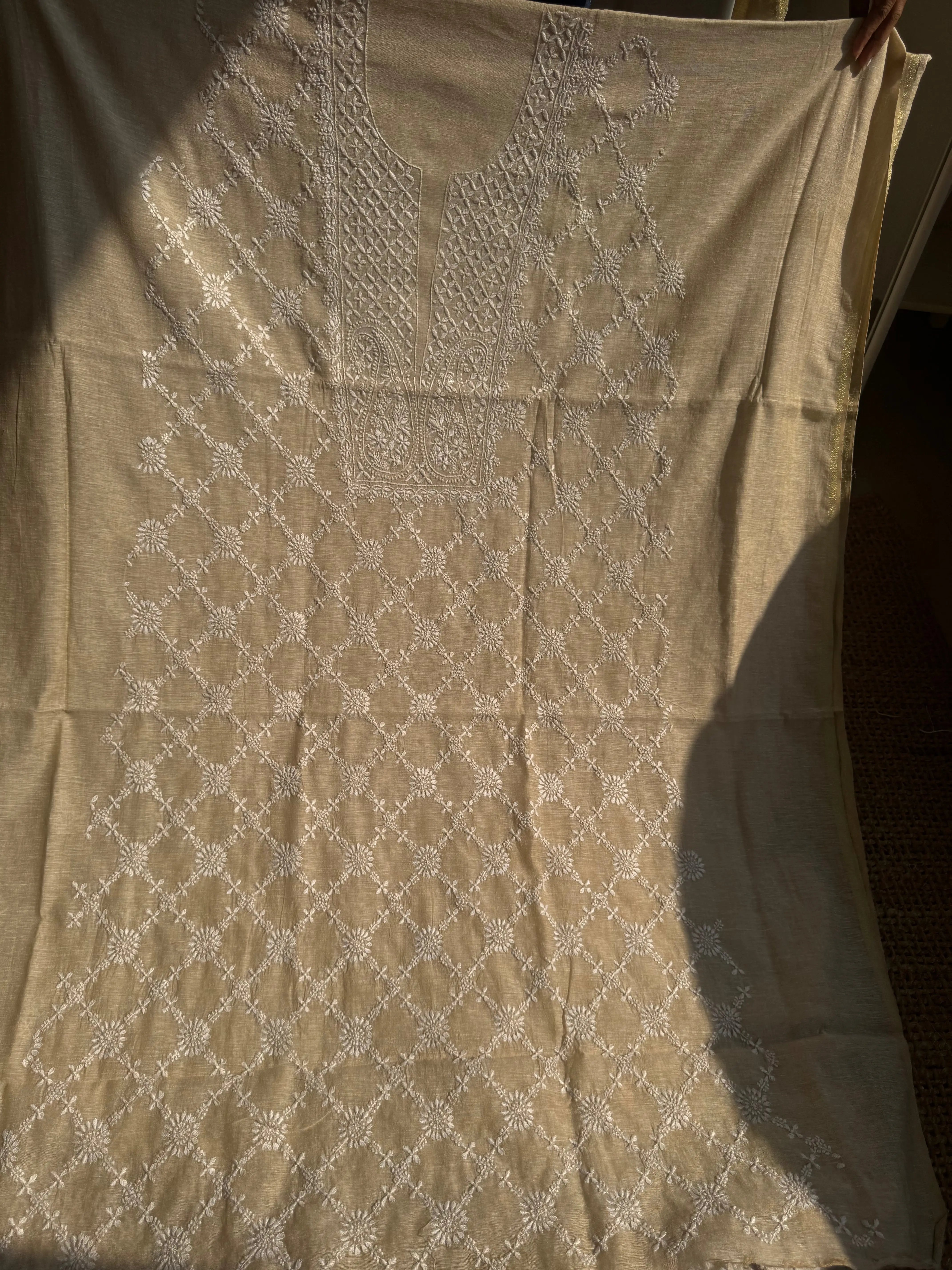 Khaadi Cotton Chikankari Kurti Length - Natural Beige ARIAA CHIKANKARI