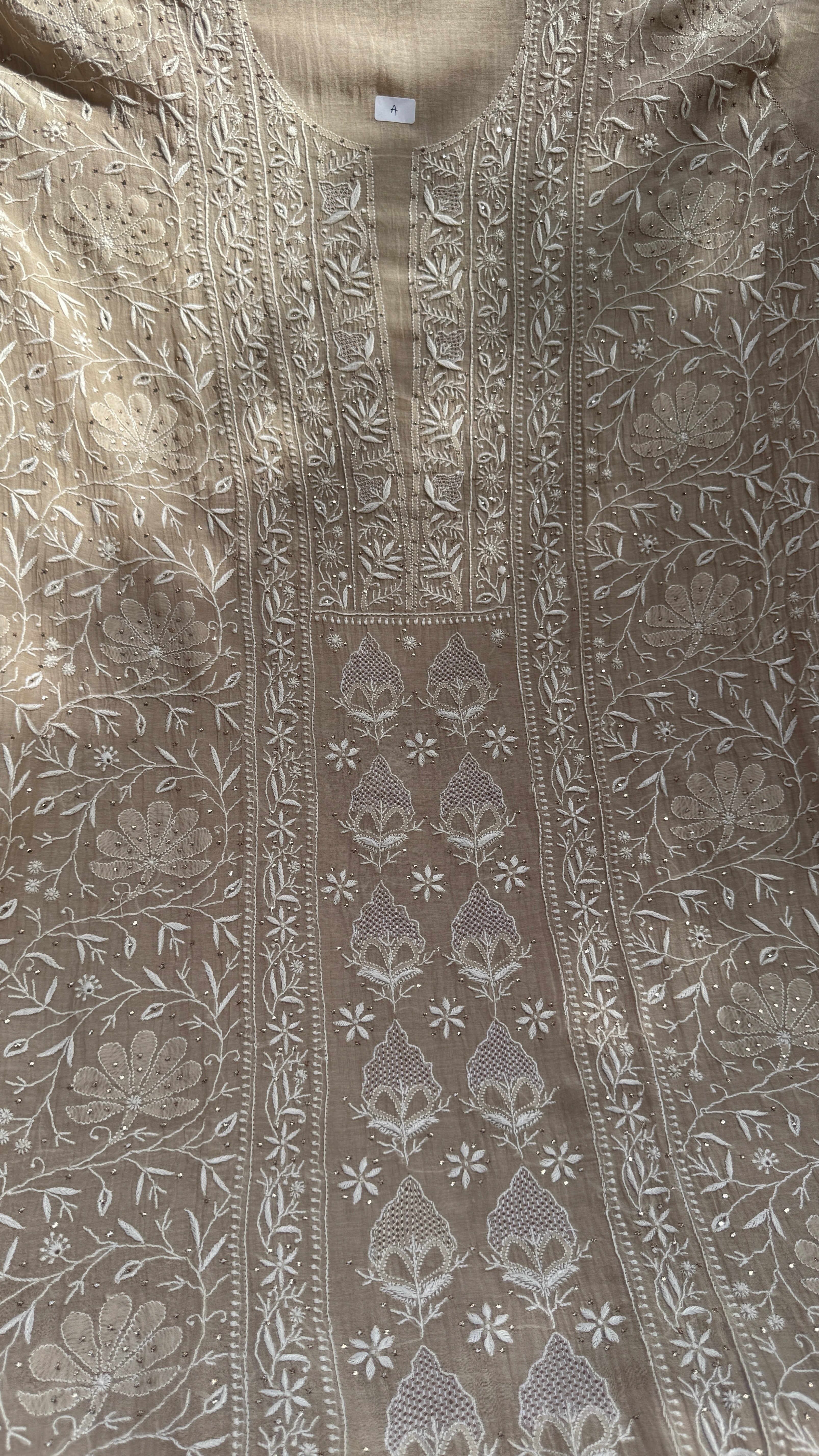 Mul Chanderi Chikankari Unstitched Length with Dupatta with Mukaish Add-On - Beige