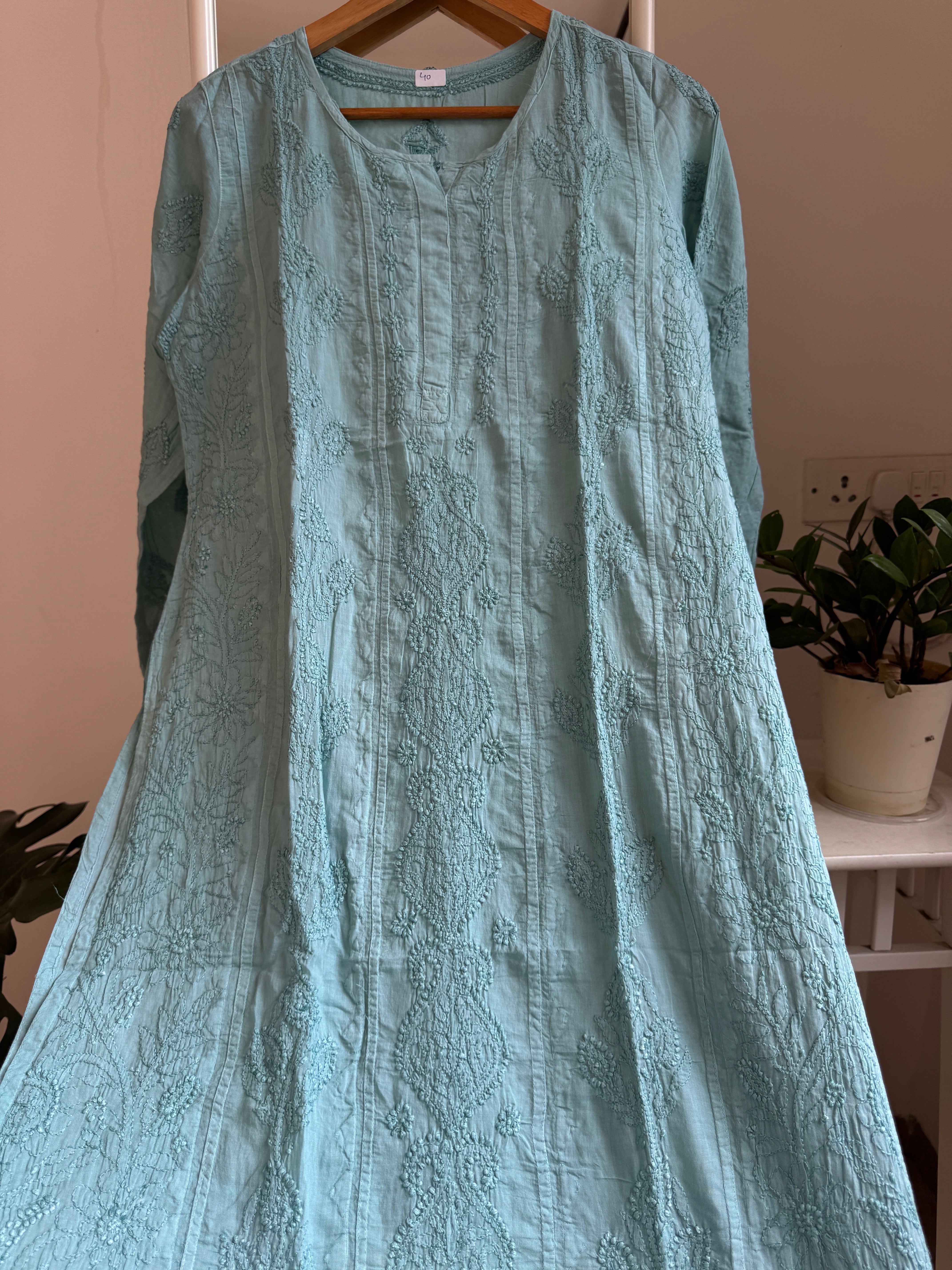 Mul Cotton Turquoise Green Chikankari Kurti - Bela Collection ARIAA CHIKANKARI