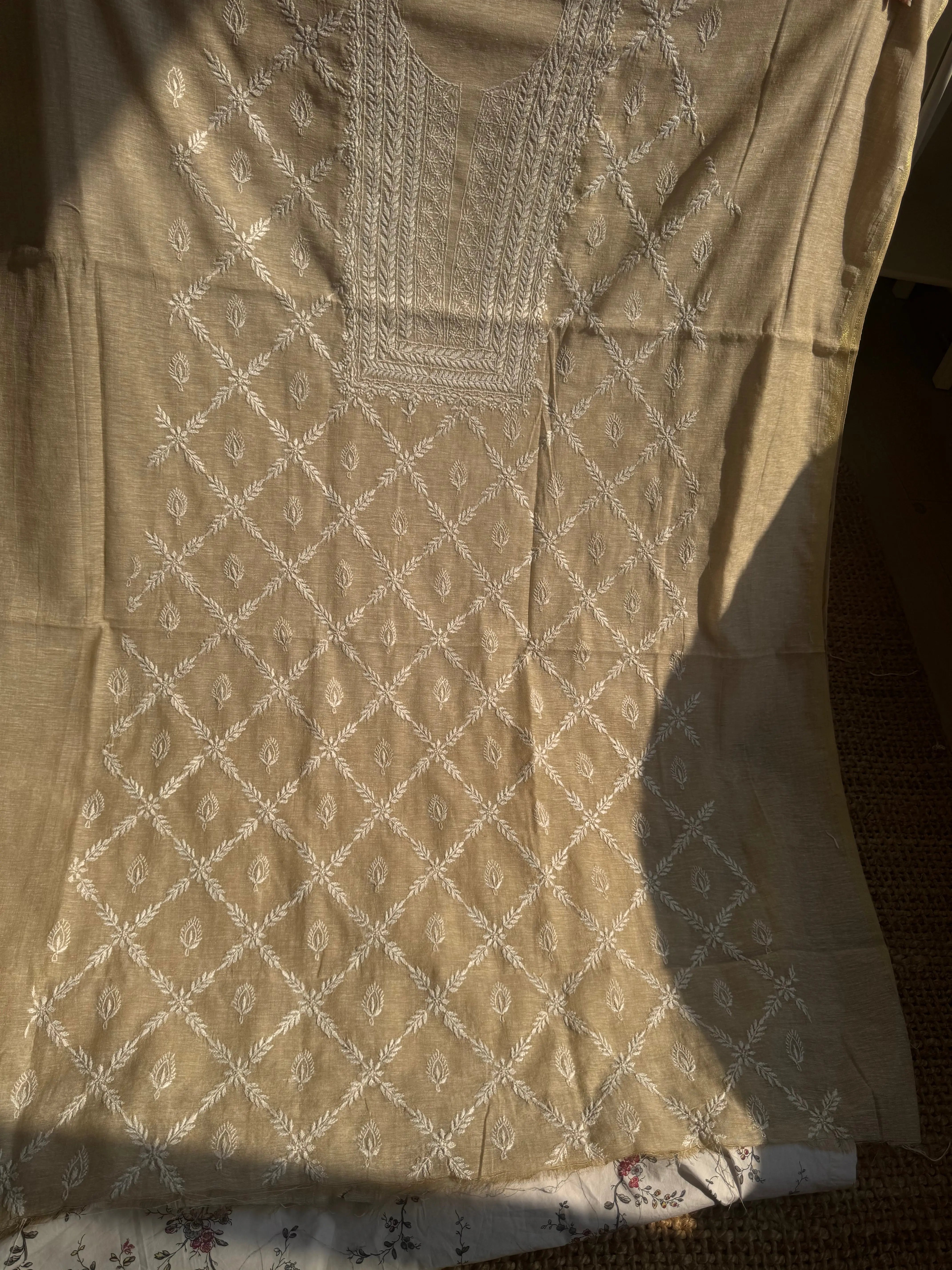 Khaadi Cotton Chikankari Kurti Length - Natural Beige ARIAA CHIKANKARI