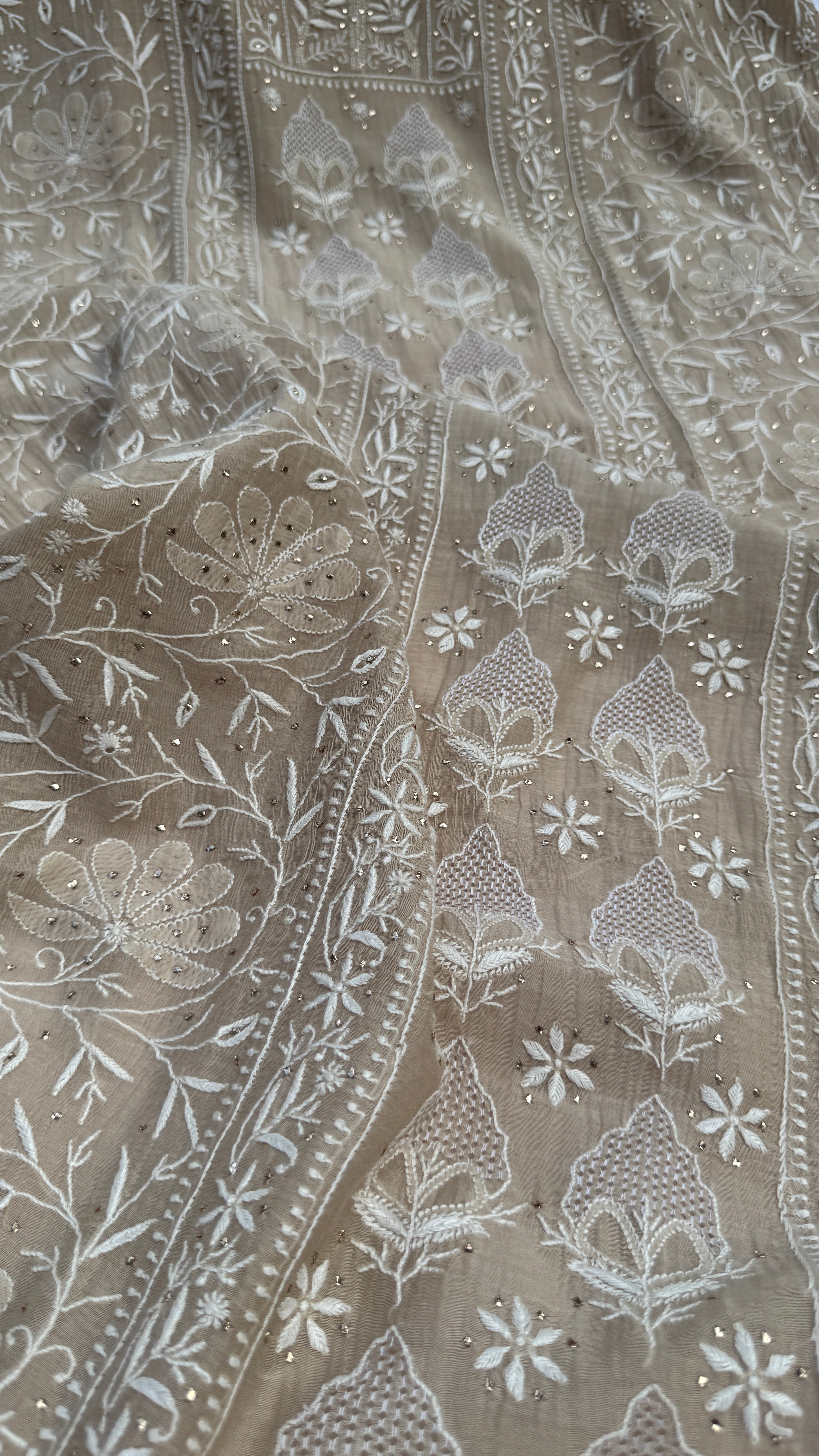 Mul Chanderi Chikankari Unstitched Length with Dupatta with Mukaish Add-On - Beige