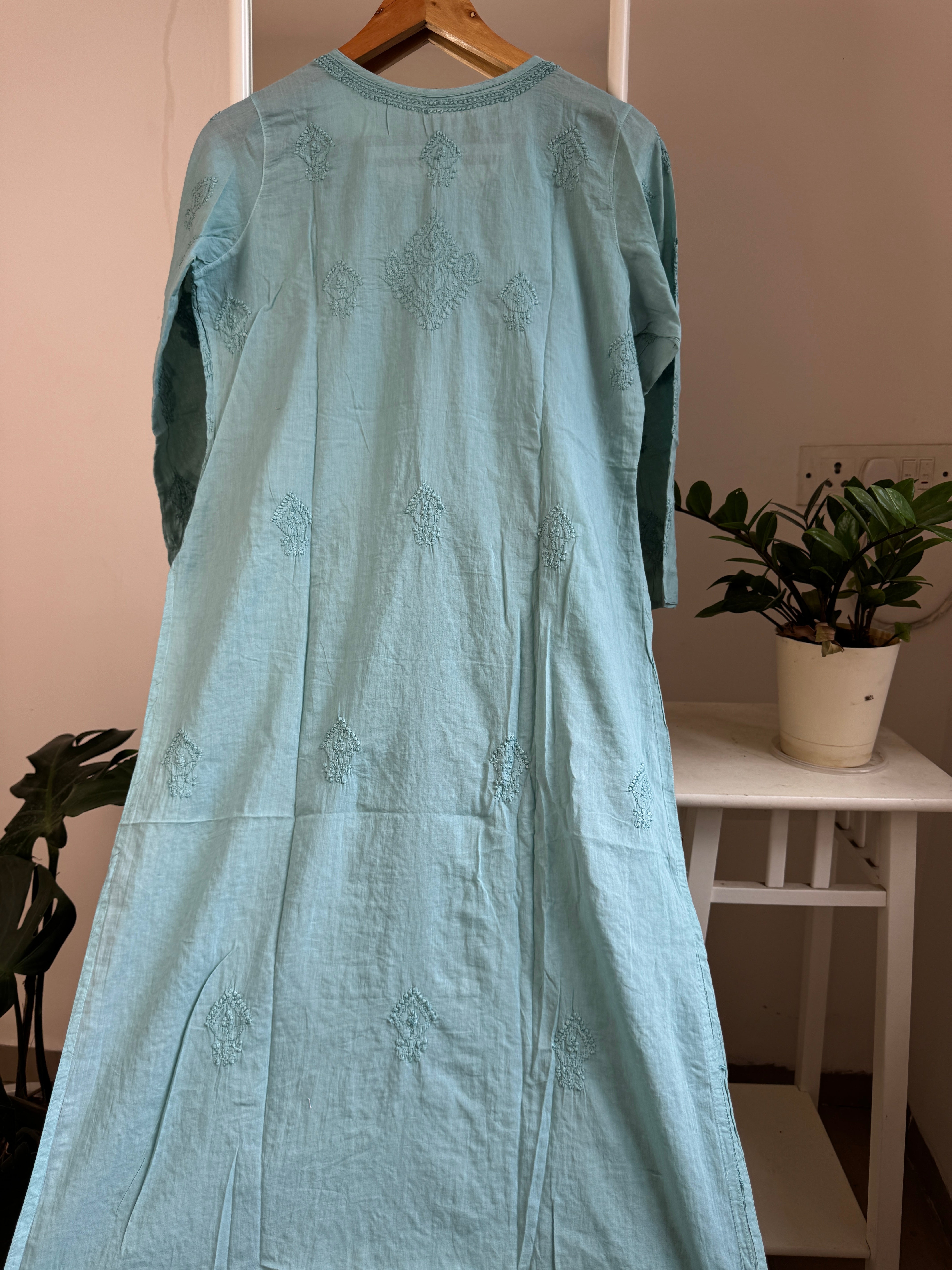 Mul Cotton Turquoise Green Chikankari Kurti - Bela Collection ARIAA CHIKANKARI