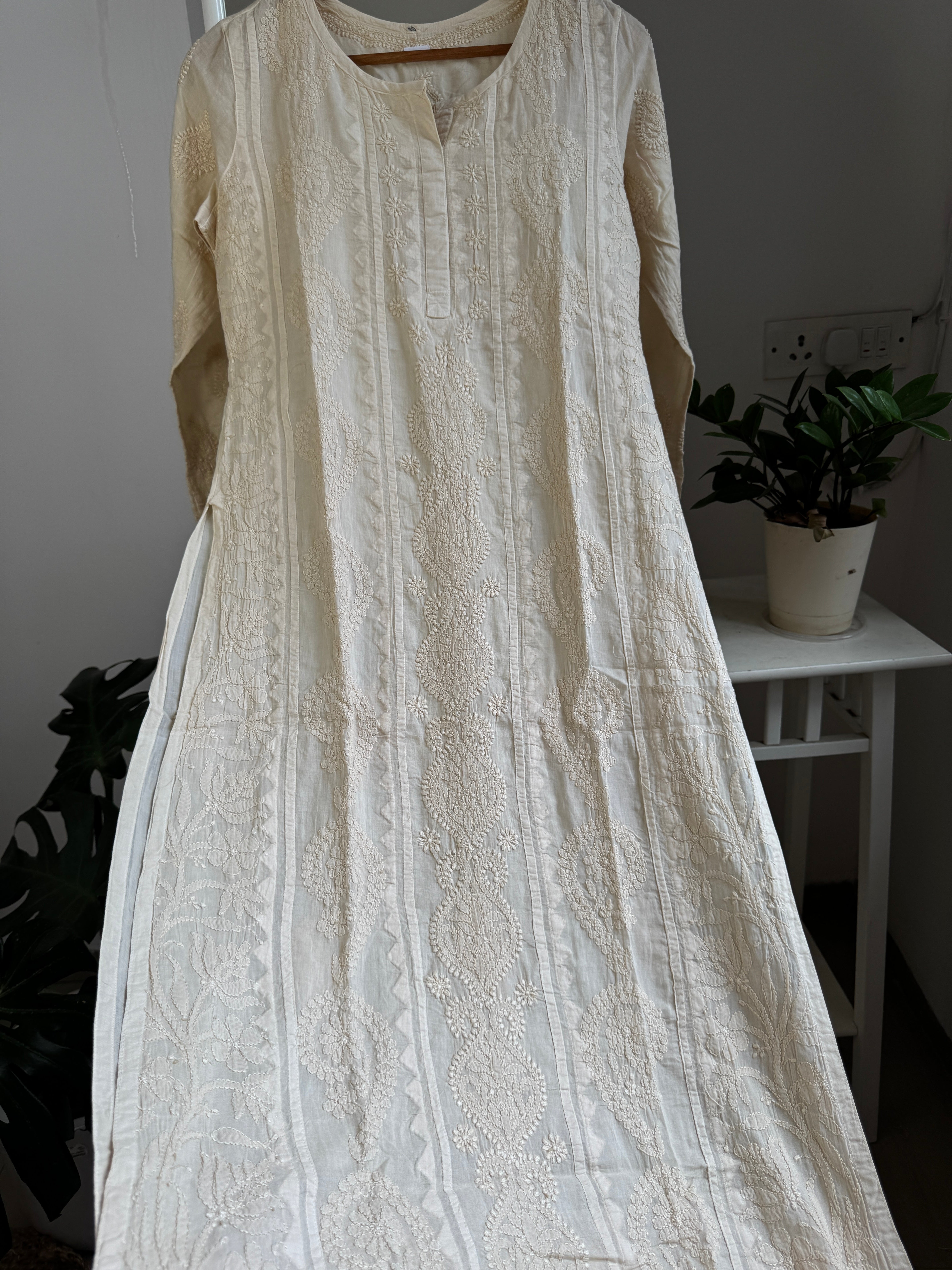 Mul Cotton Beige Chikankari Kurti - Bela Collection ARIAA CHIKANKARI