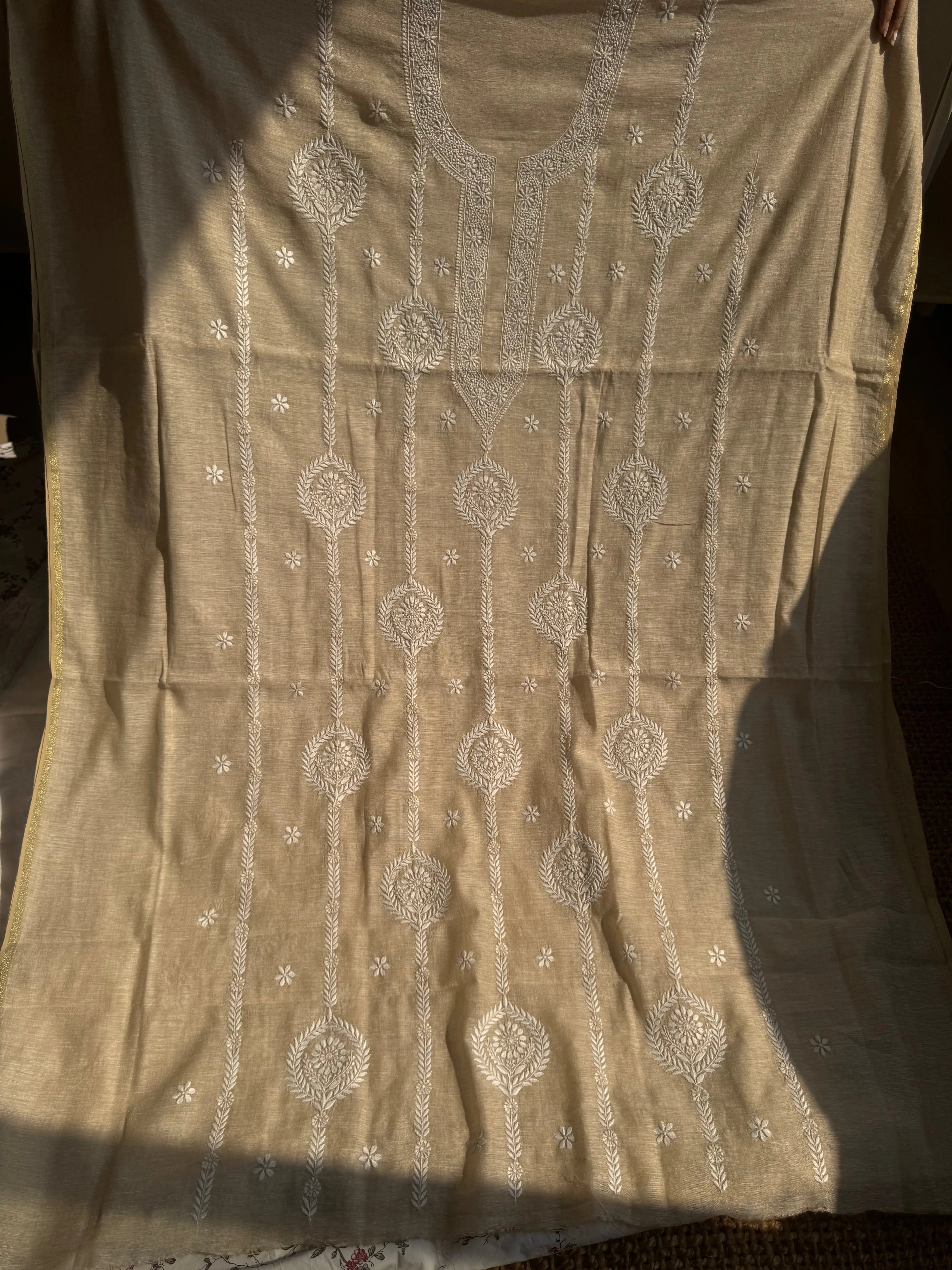 Khaadi Cotton Chikankari Kurti Length - Natural Beige ARIAA CHIKANKARI