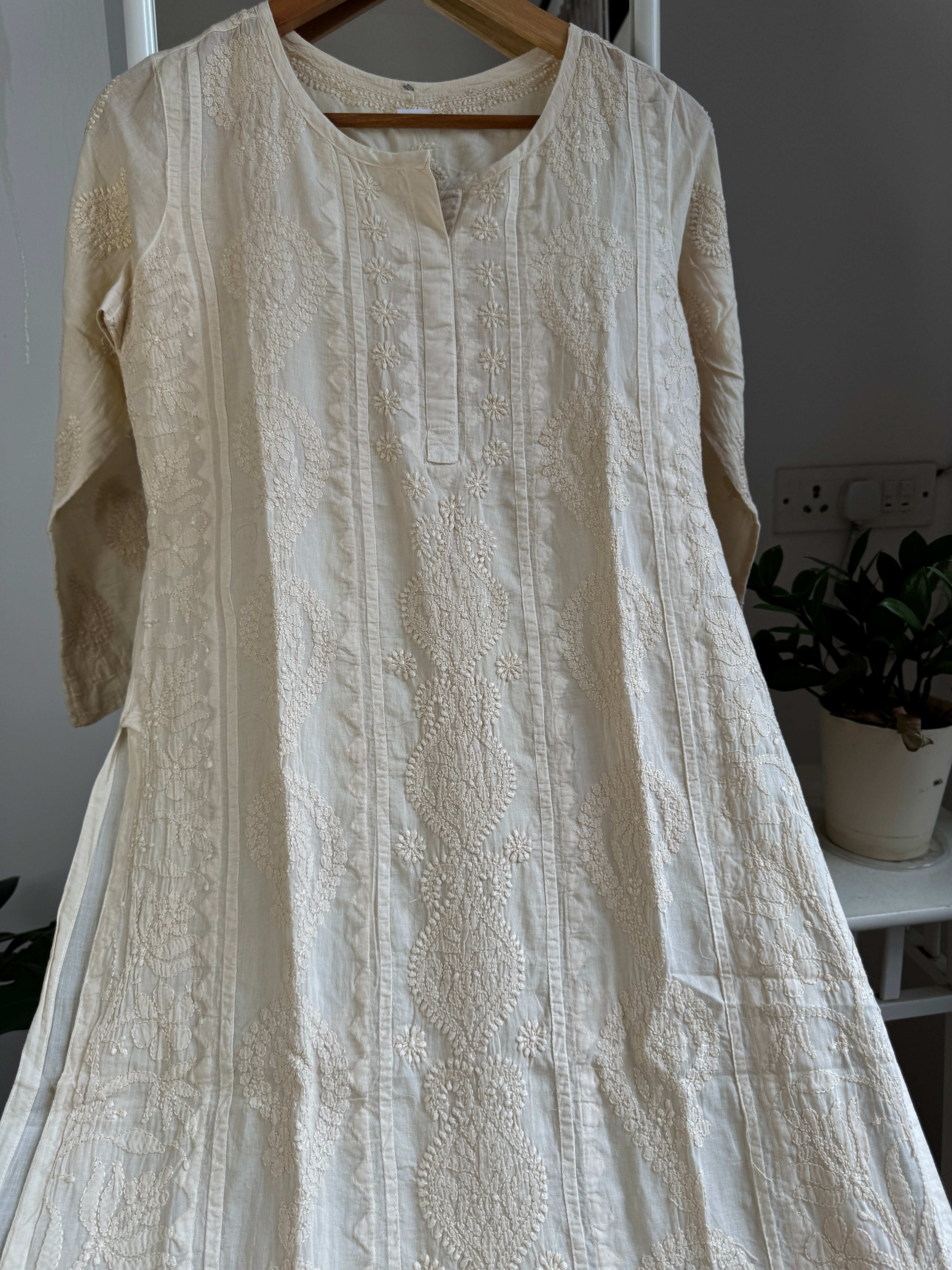 Mul Cotton Beige Chikankari Kurti - Bela Collection