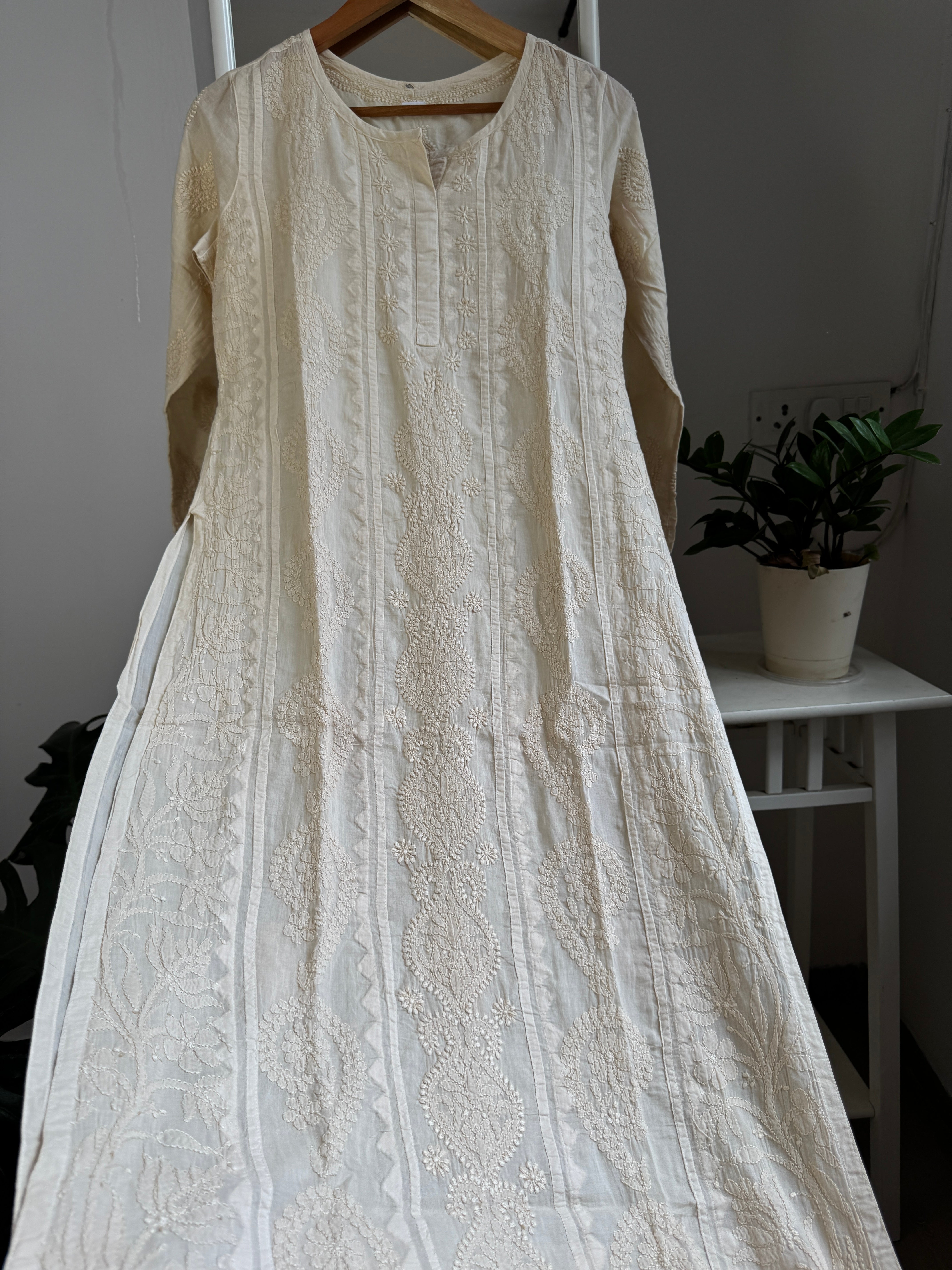 Mul Cotton Beige Chikankari Kurti - Bela Collection