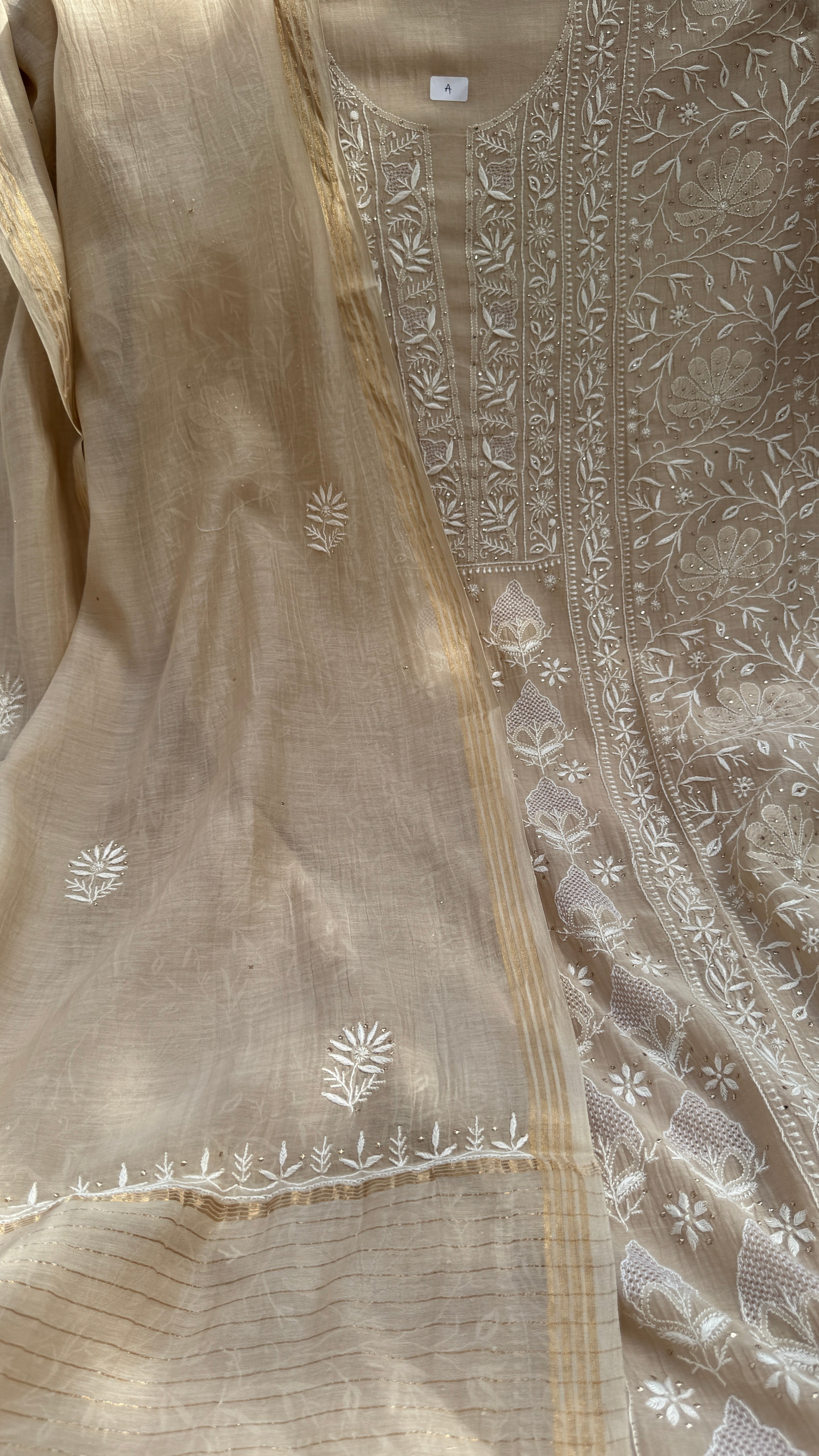Mul Chanderi Chikankari Unstitched Length with Dupatta with Mukaish Add-On - Beige
