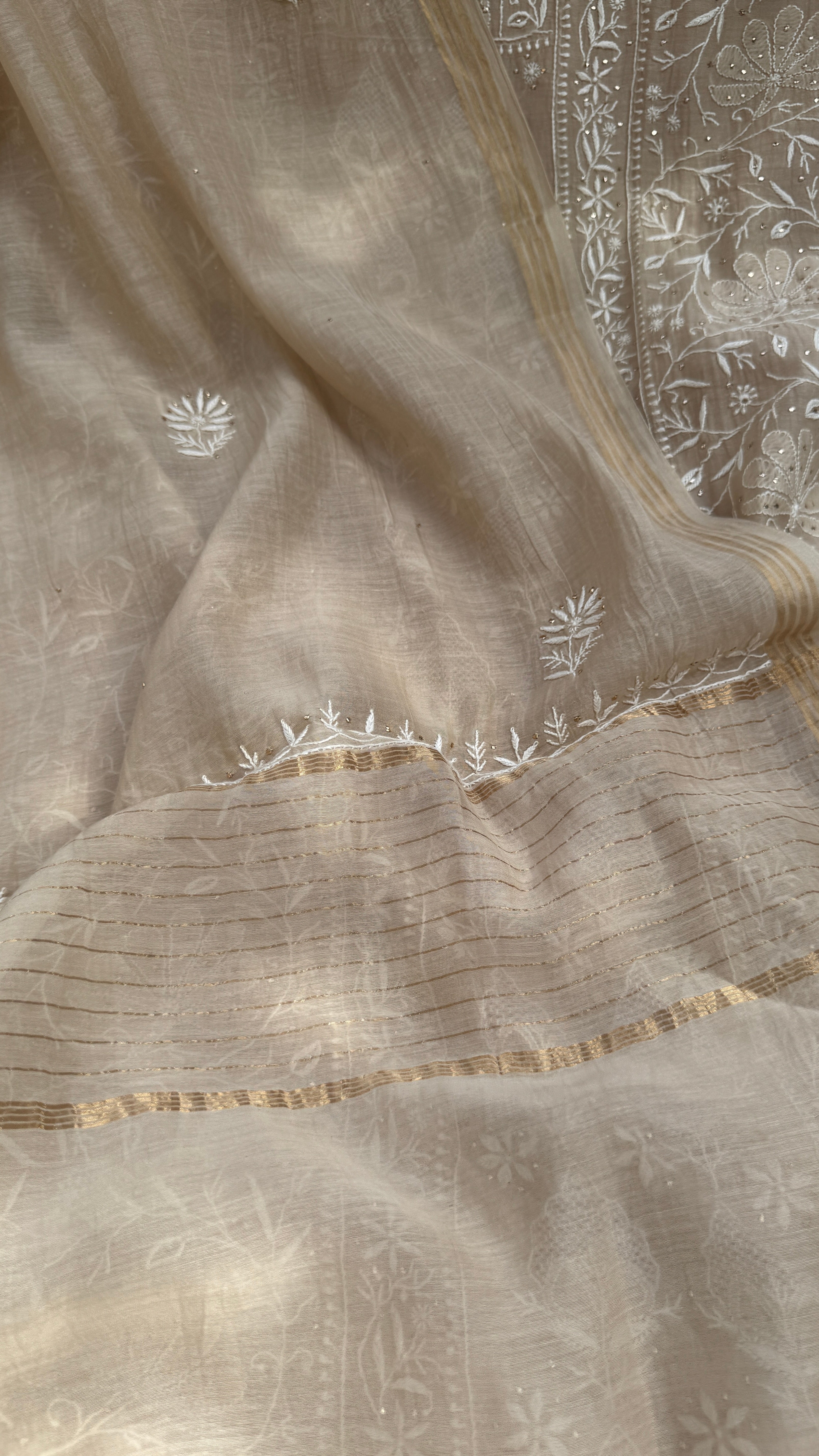 Mul Chanderi Chikankari Unstitched Length with Dupatta with Mukaish Add-On - Beige