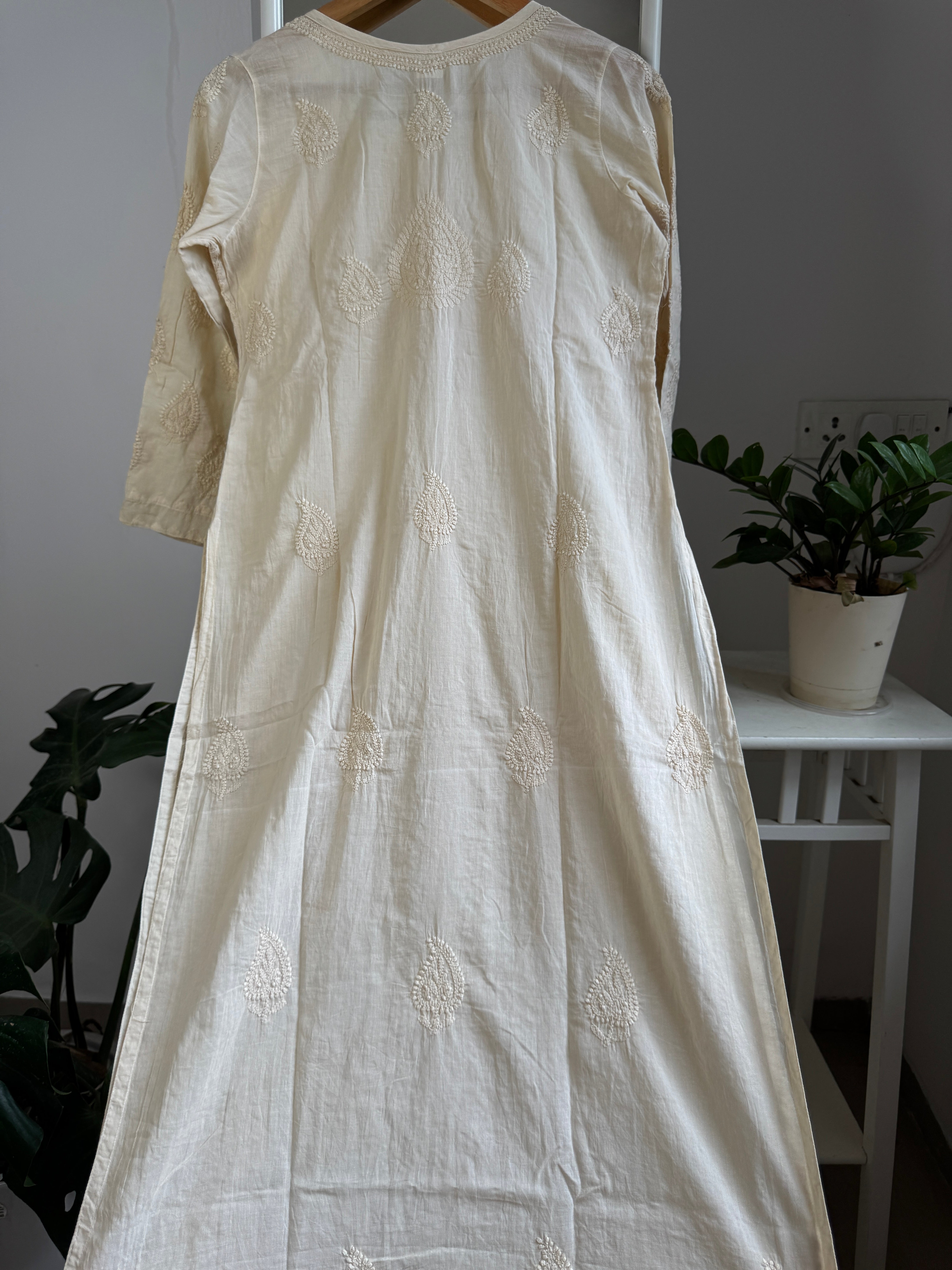 Mul Cotton Beige Chikankari Kurti - Bela Collection