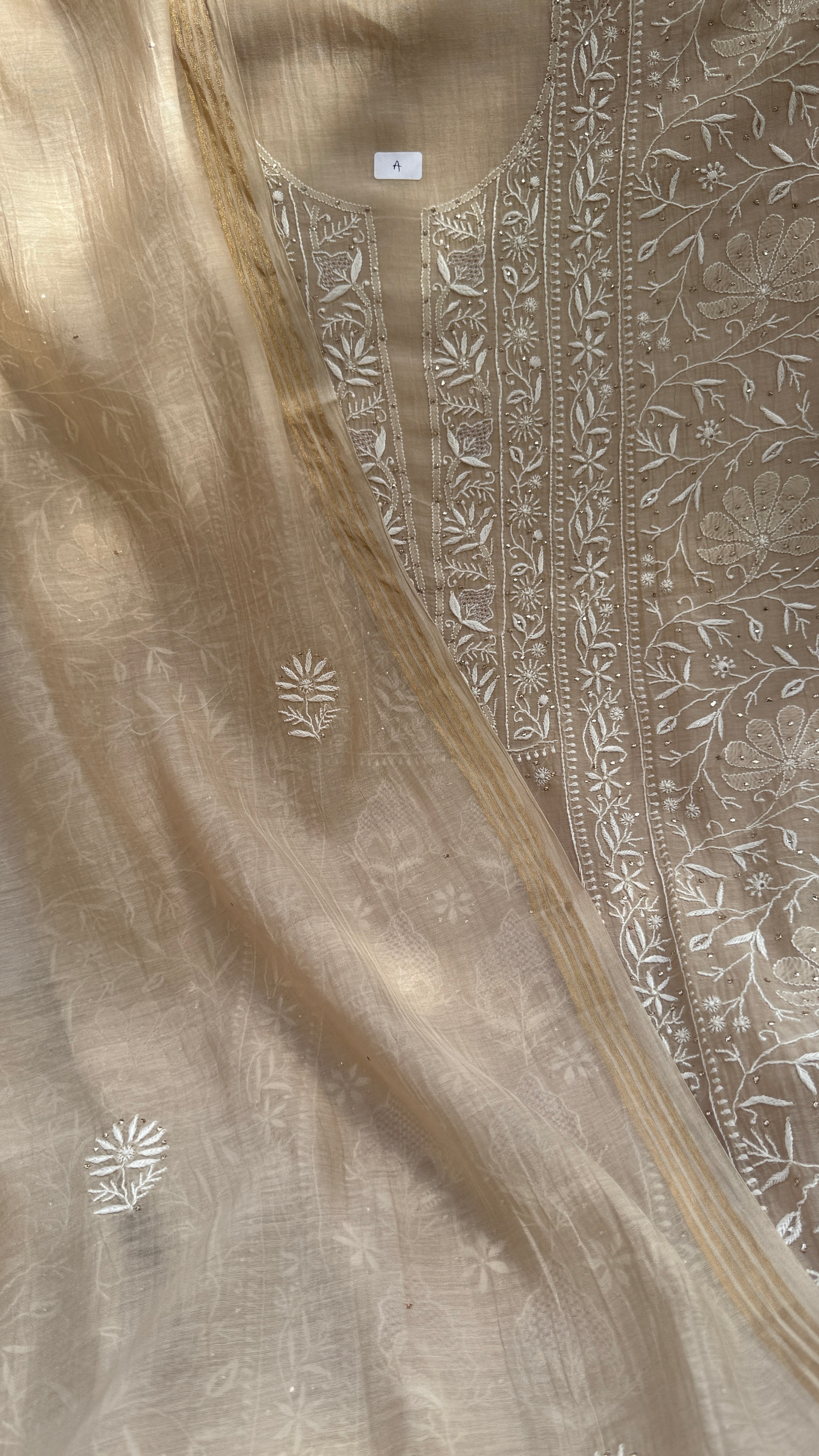 Mul Chanderi Chikankari Unstitched Length with Dupatta with Mukaish Add-On - Beige