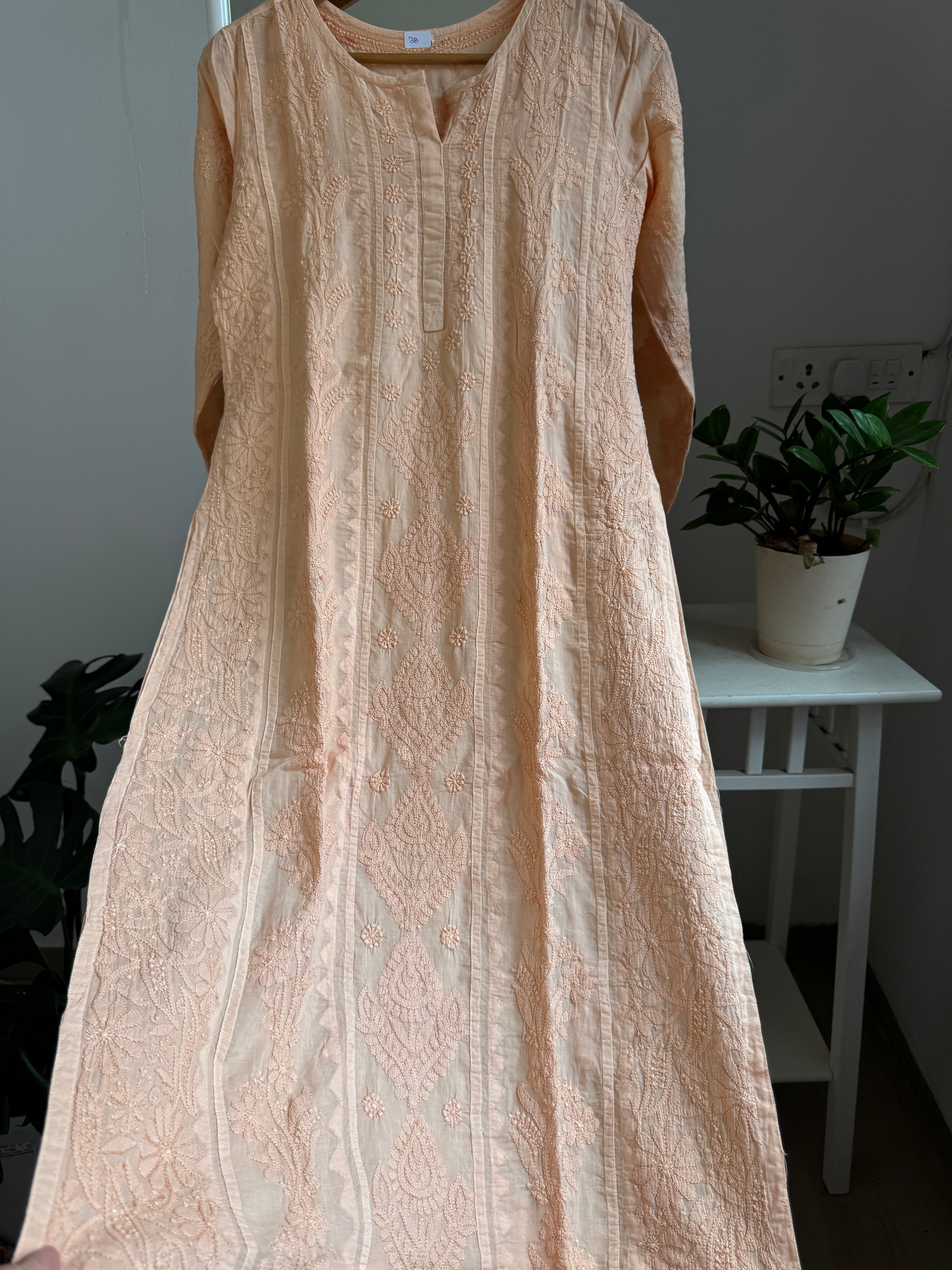 Mul Cotton Blush Peach Chikankari Kurti - Bela Collection ARIAA CHIKANKARI