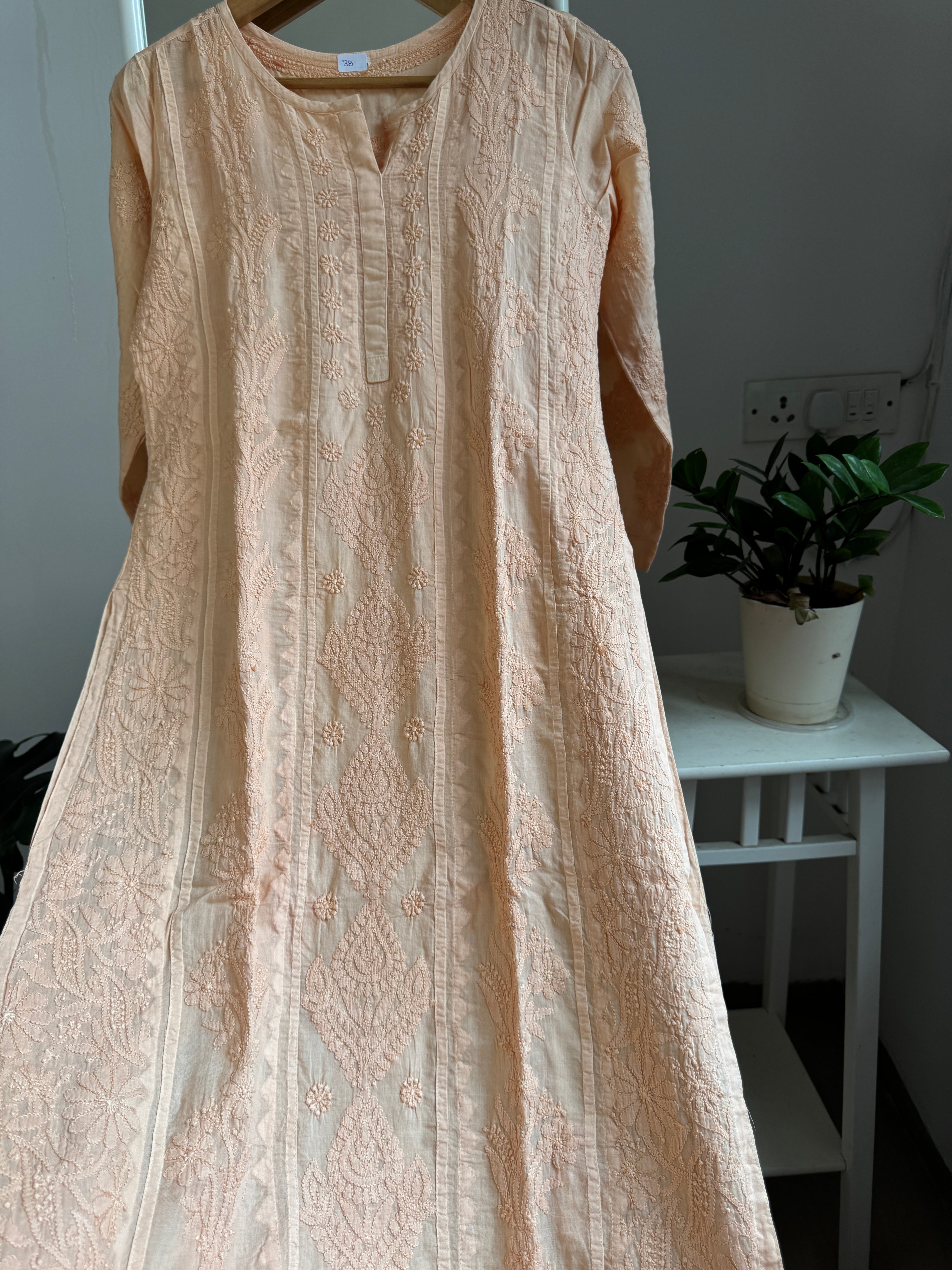 Mul Cotton Blush Peach Chikankari Kurti - Bela Collection ARIAA CHIKANKARI