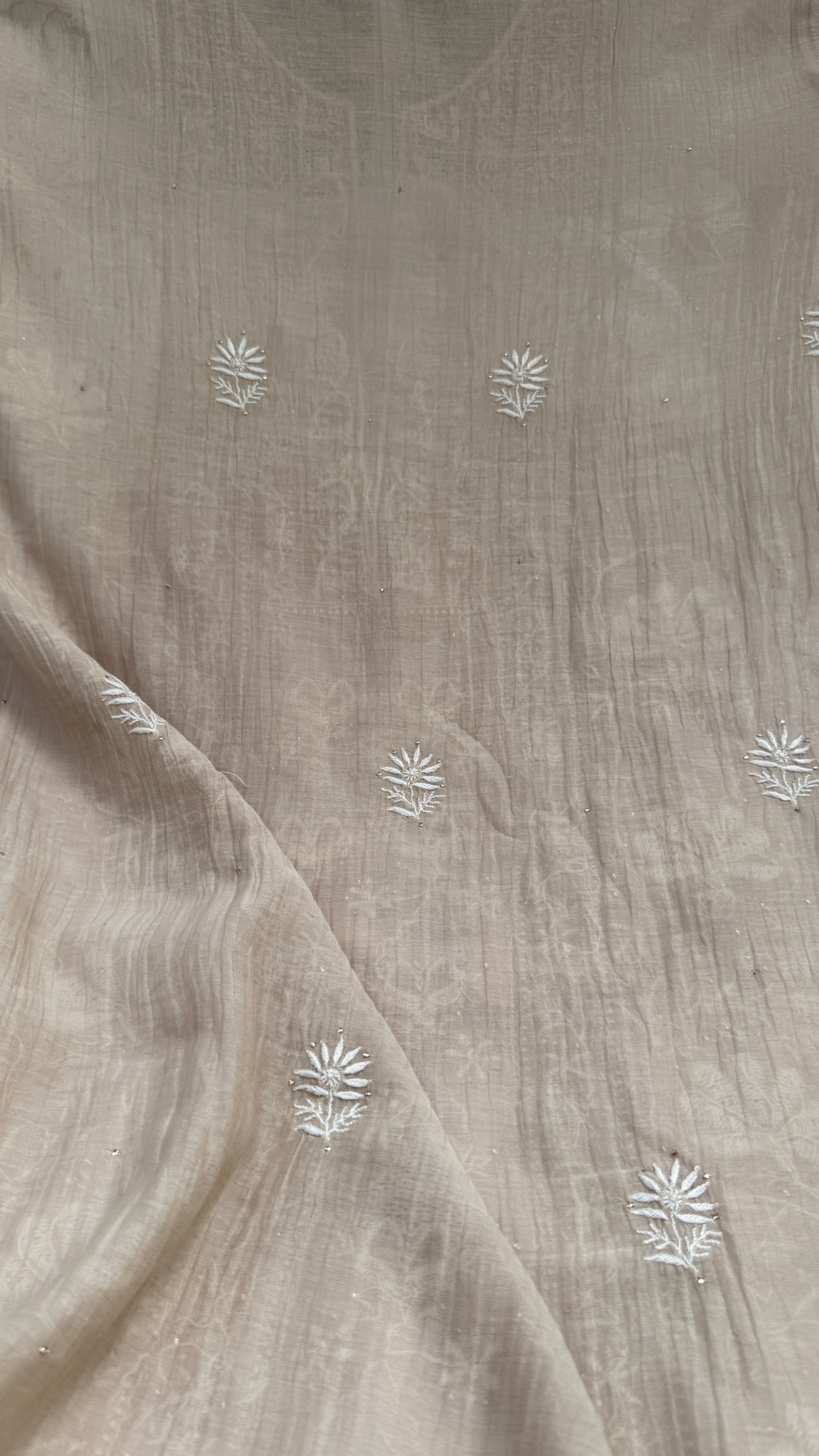 Mul Chanderi Chikankari Unstitched Length with Dupatta with Mukaish Add-On - Beige