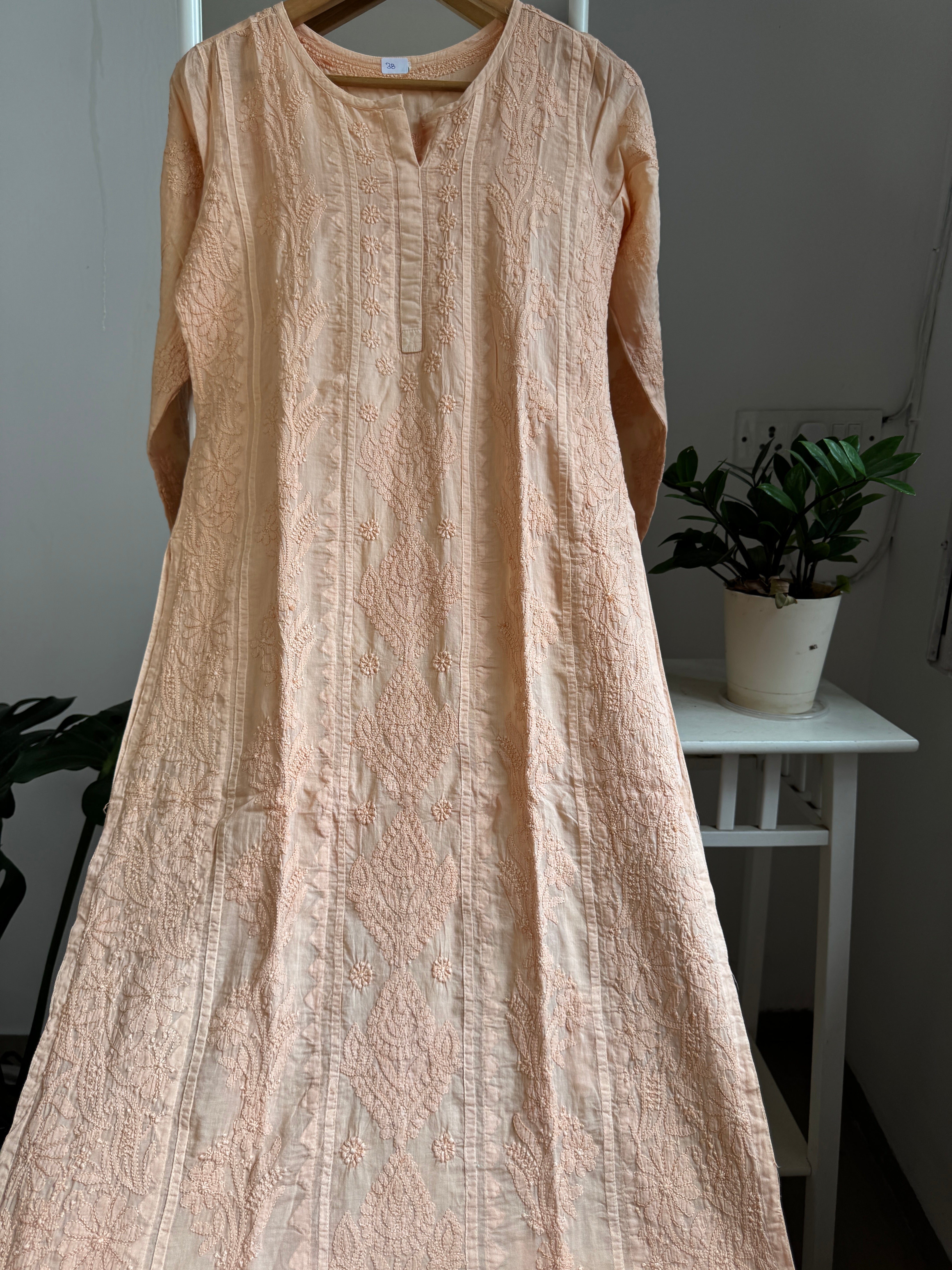 Mul Cotton Blush Peach Chikankari Kurti - Bela Collection ARIAA CHIKANKARI