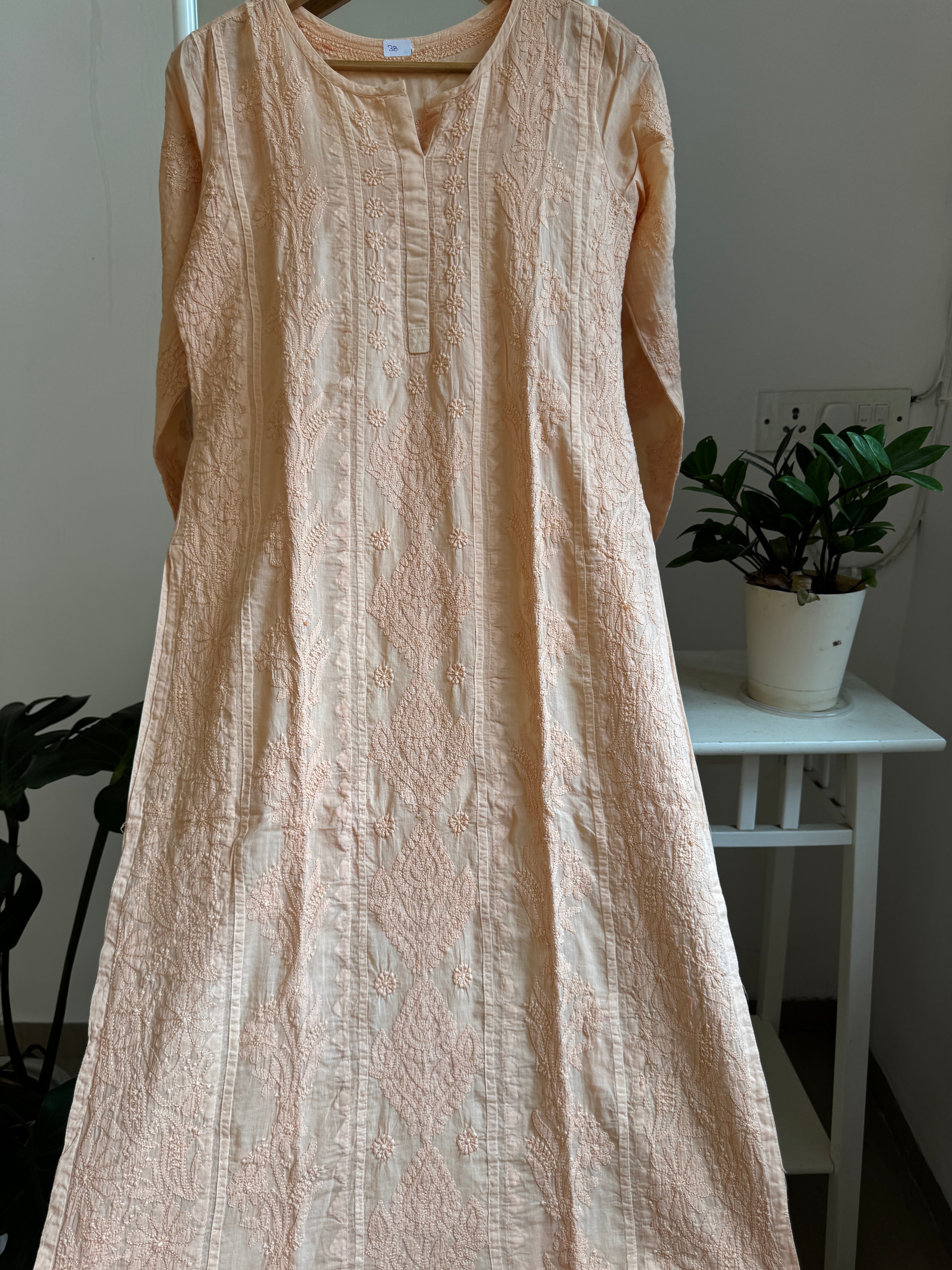 Mul Cotton Blush Peach Chikankari Kurti - Bela Collection