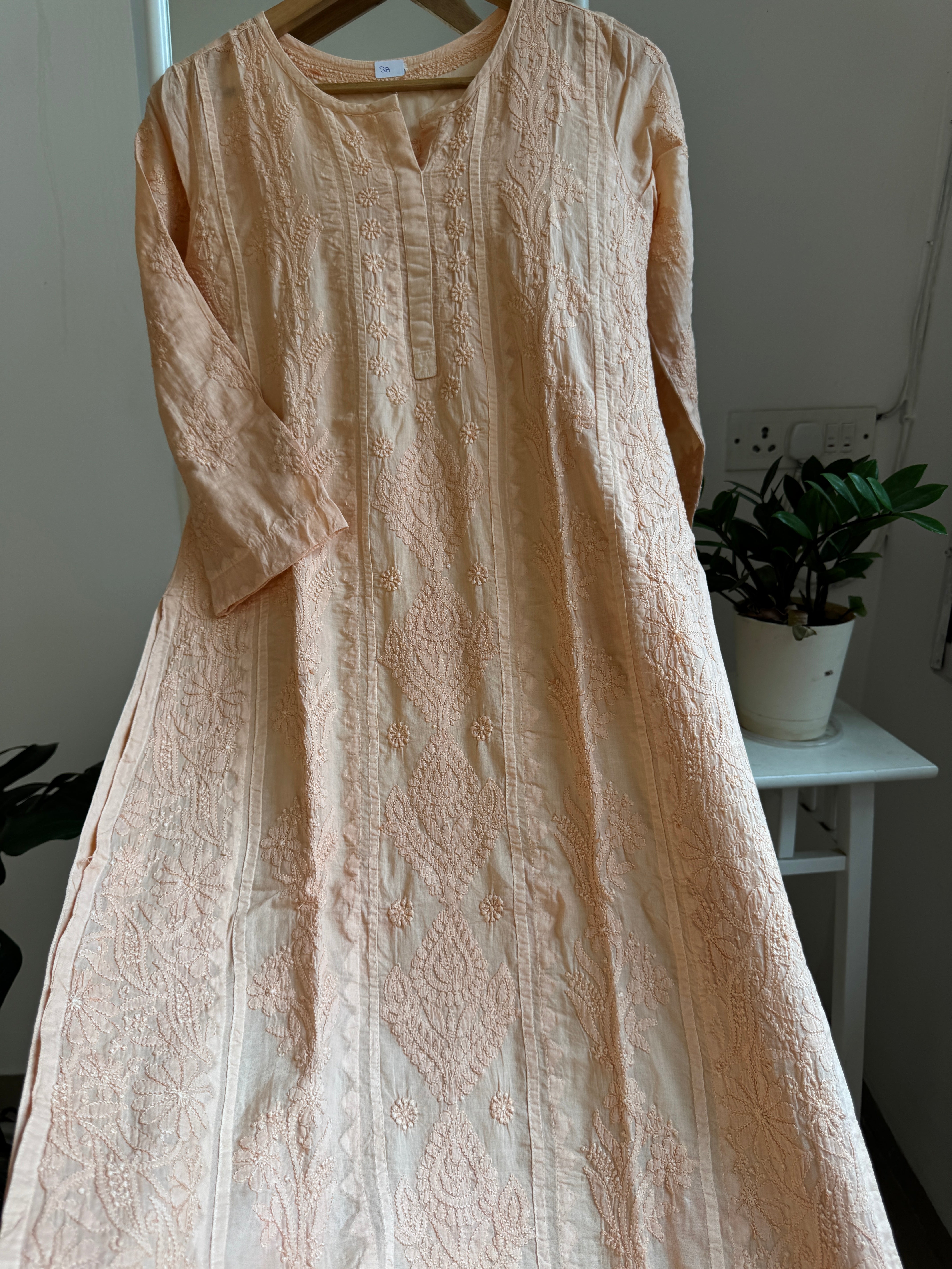 Mul Cotton Blush Peach Chikankari Kurti - Bela Collection ARIAA CHIKANKARI