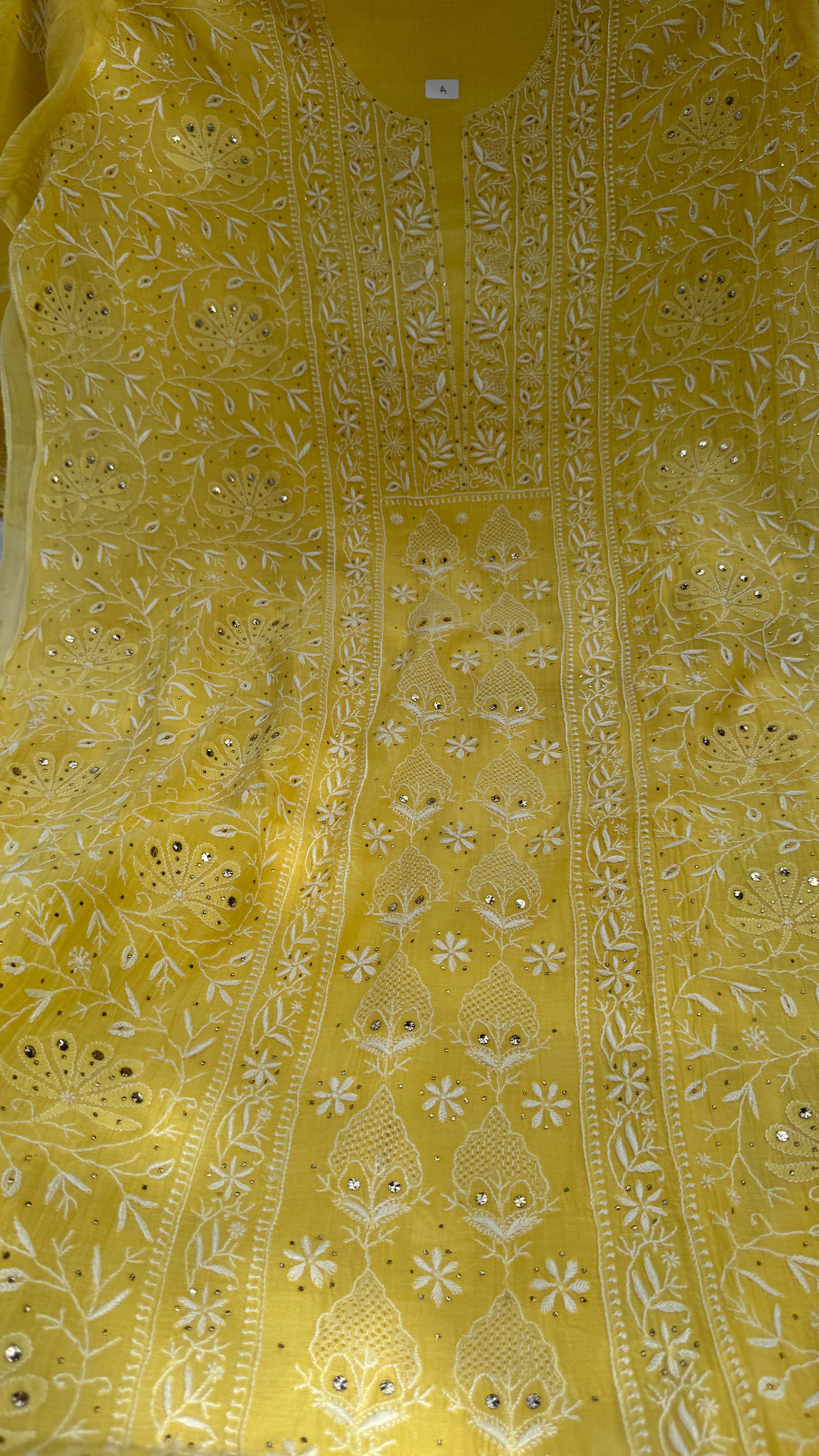 Mul Chanderi Chikankari Unstitched Length with Dupatta with Mukaish Add-On - Yellow