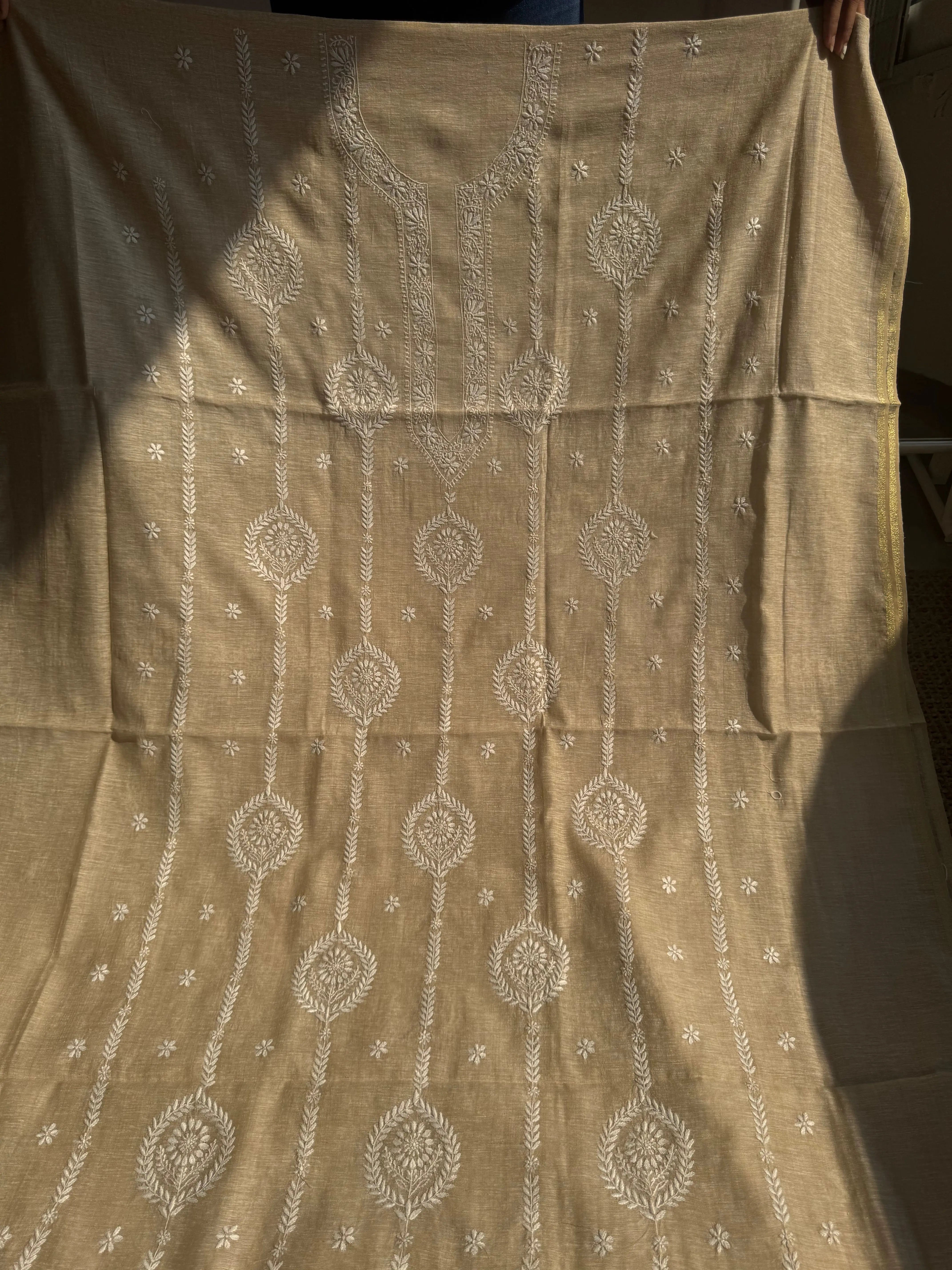 Chanderi Chikankari Kurta Length - Mens-Beige ARIAA CHIKANKARI