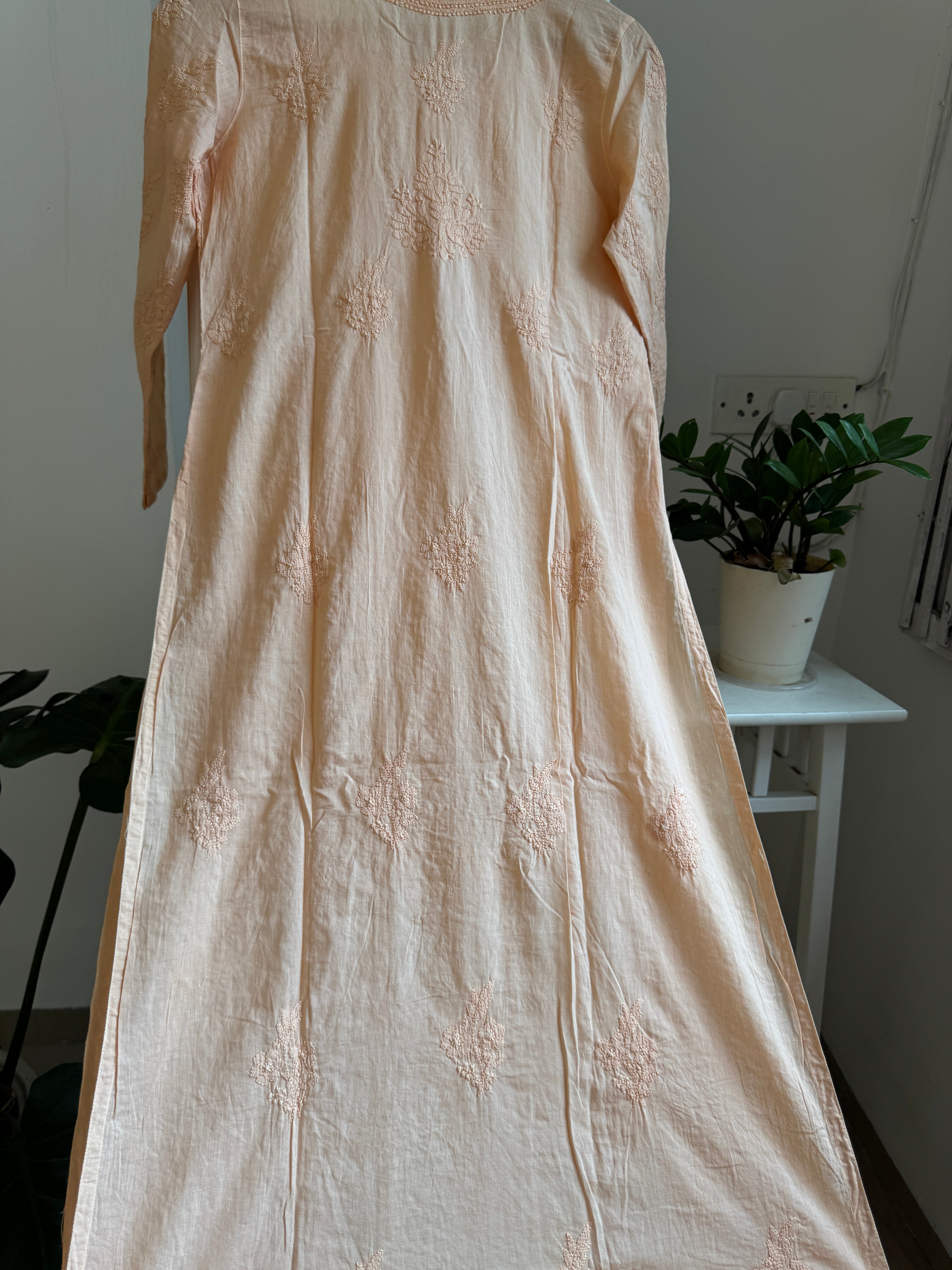Mul Cotton Blush Peach Chikankari Kurti - Bela Collection ARIAA CHIKANKARI