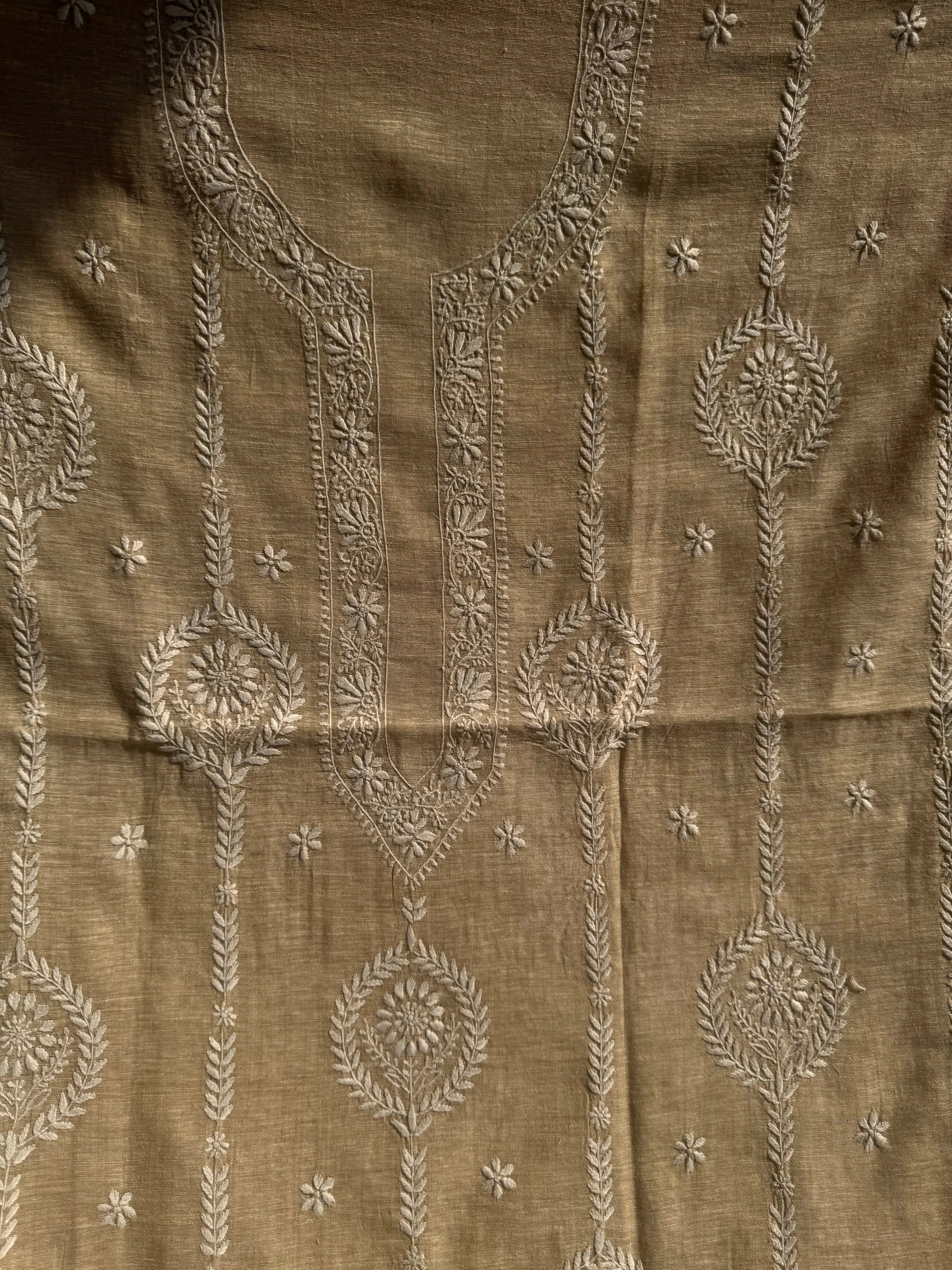 Chanderi Chikankari Kurta Length - Mens-Beige ARIAA CHIKANKARI