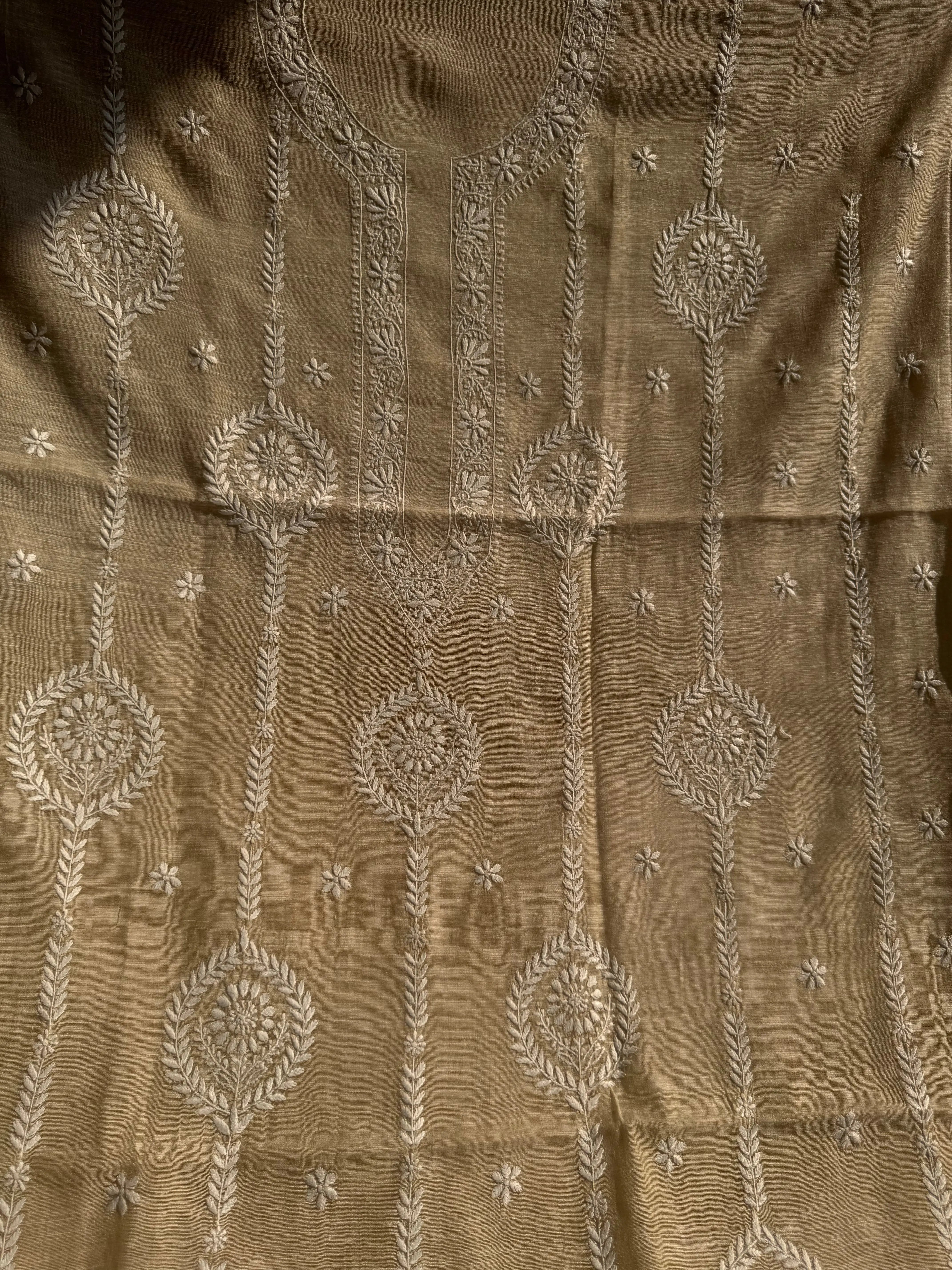 Chanderi Chikankari Kurta Length - Mens-Beige ARIAA CHIKANKARI