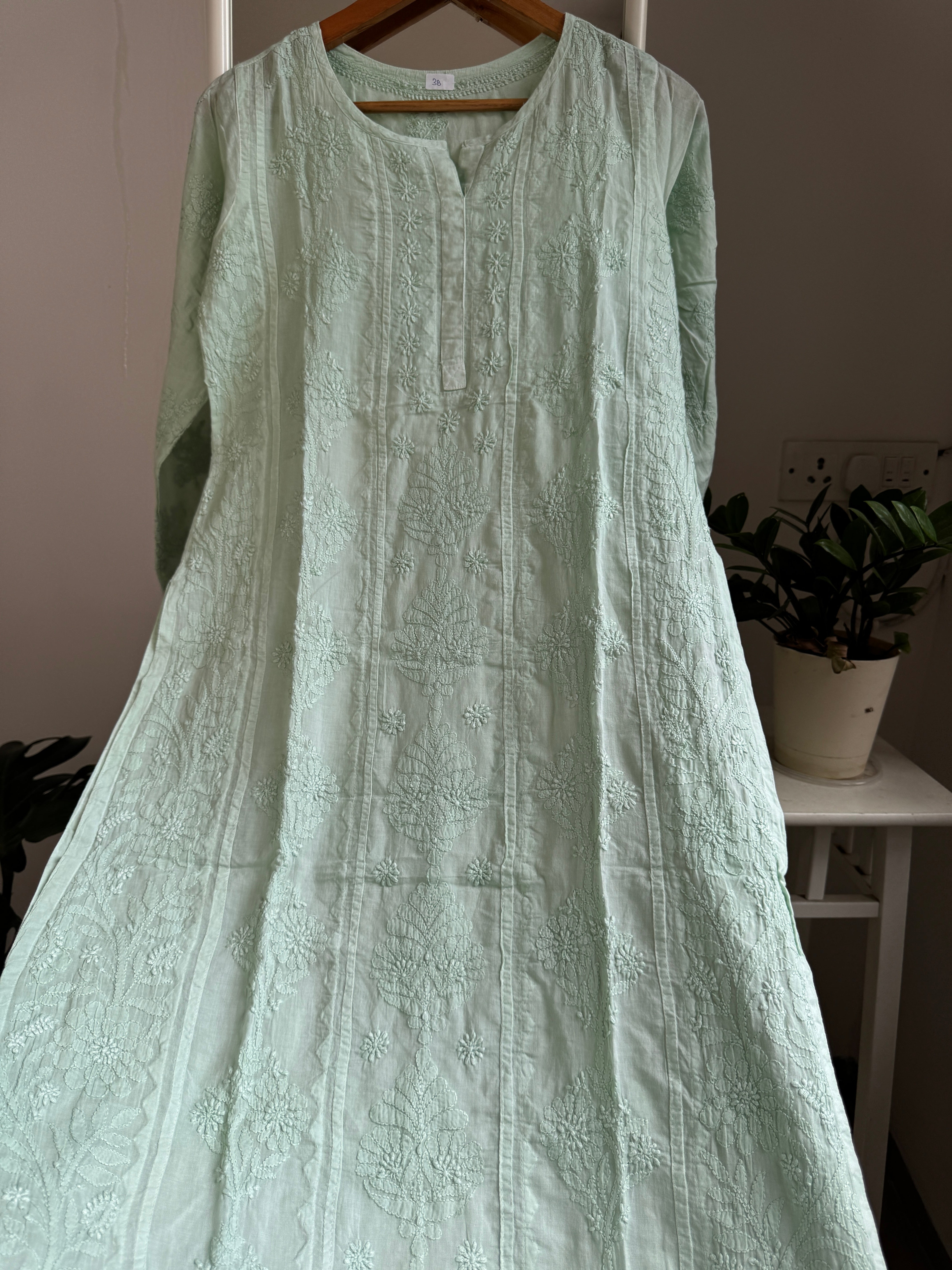 Mul Cotton Green Chikankari Kurti - Bela Collection ARIAA CHIKANKARI
