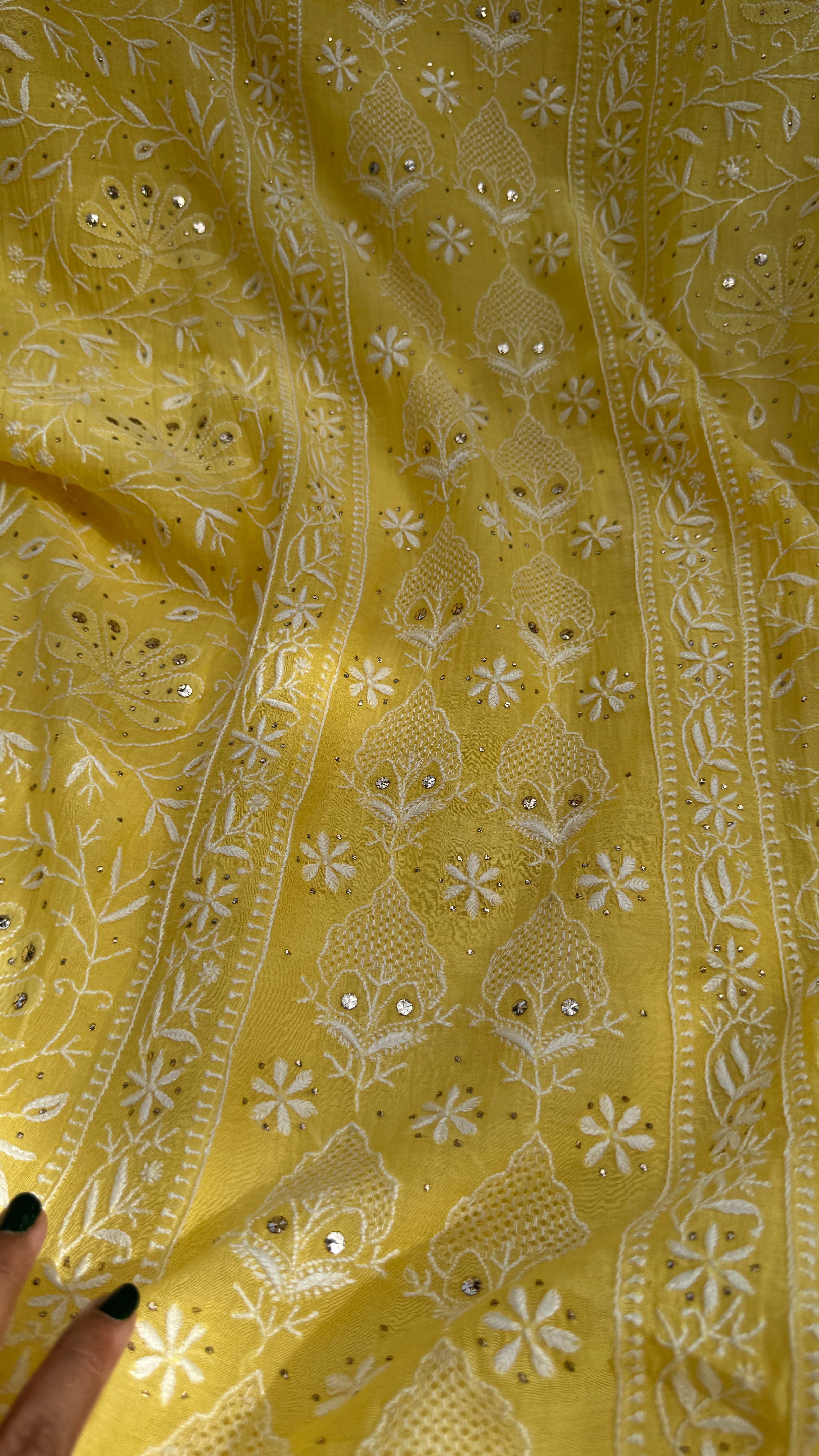 Mul Chanderi Chikankari Unstitched Length with Dupatta with Mukaish Add-On - Yellow