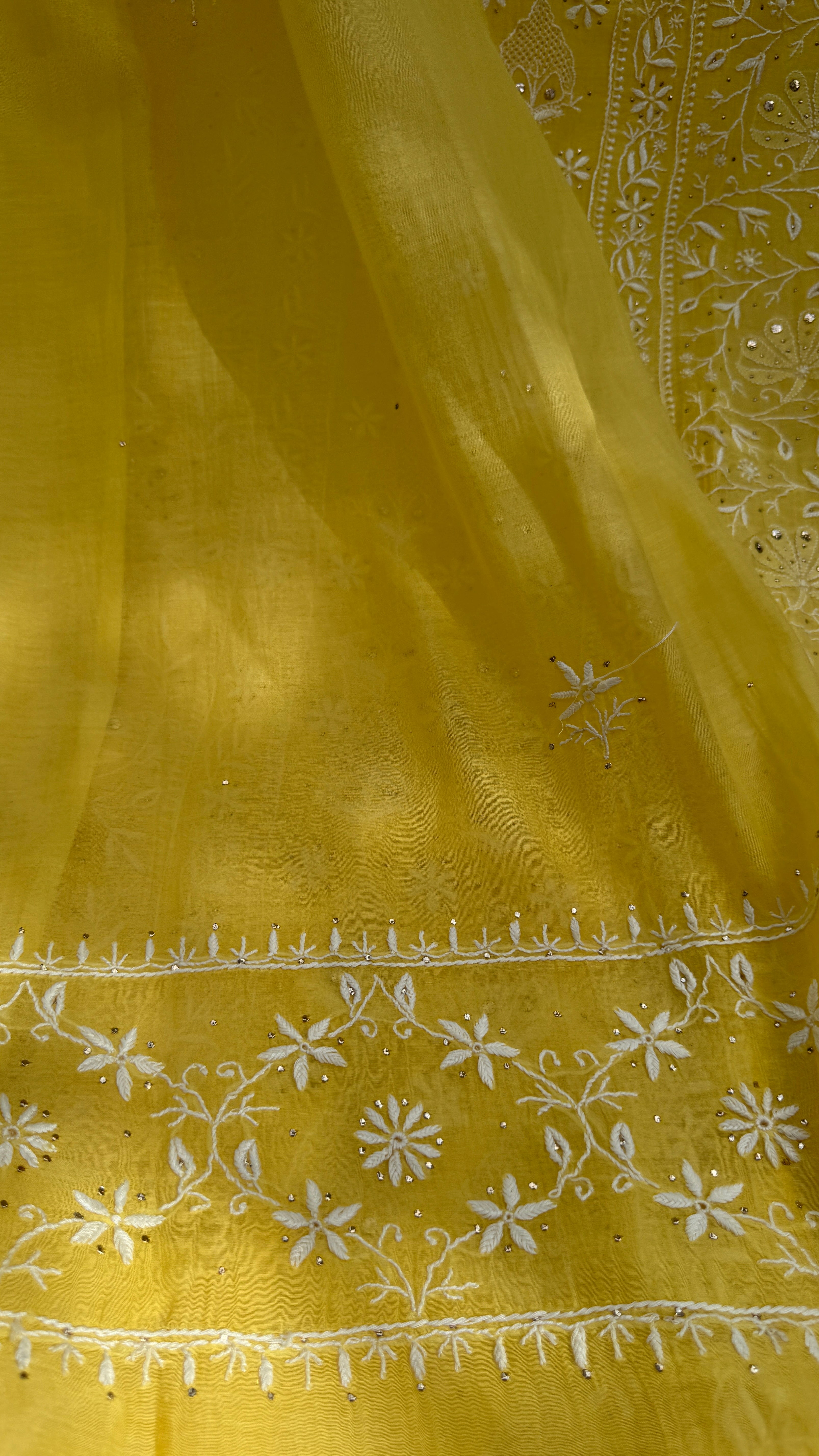 Mul Chanderi Chikankari Unstitched Length with Dupatta with Mukaish Add-On - Yellow