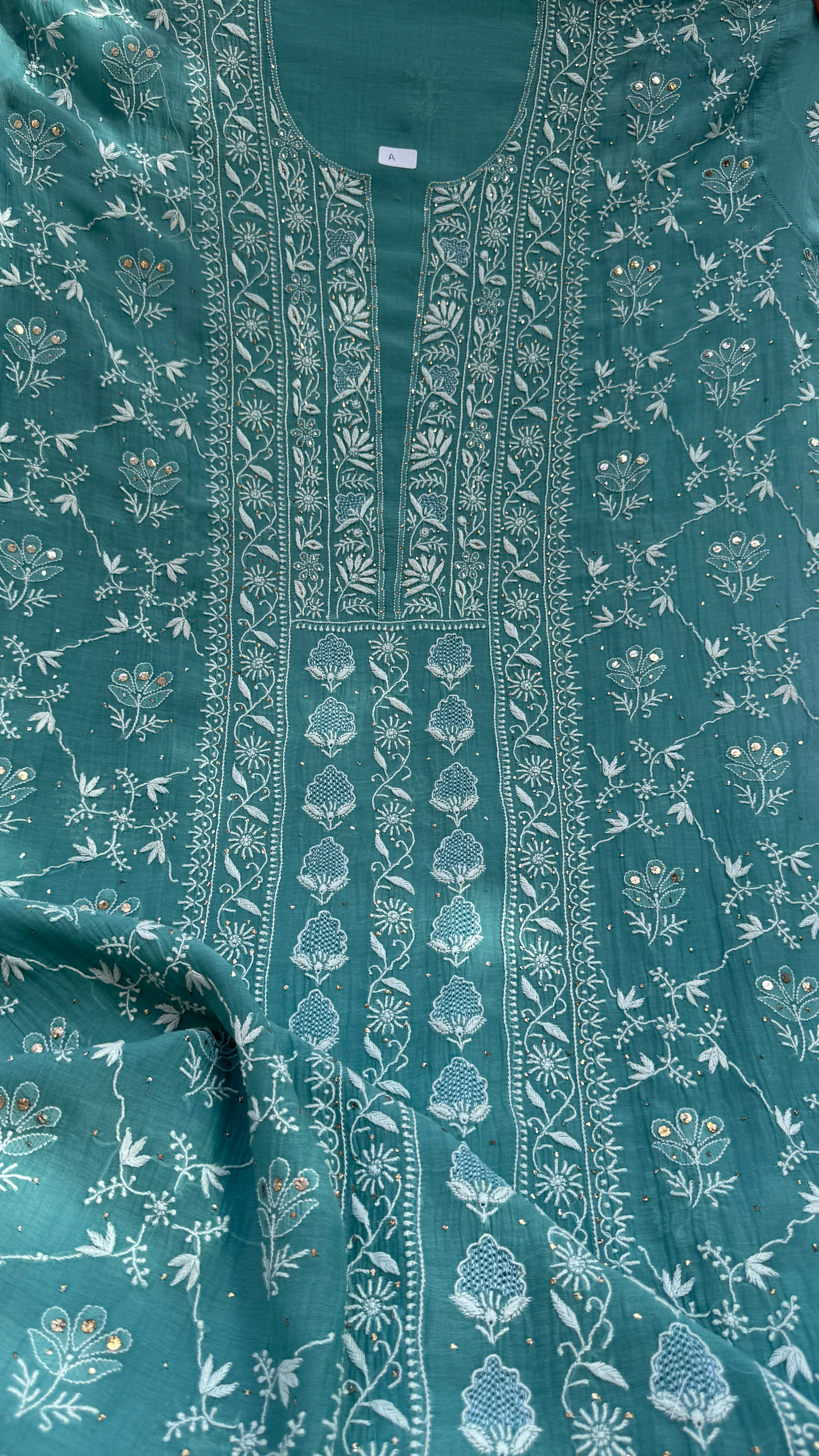 Mul Chanderi Chikankari Unstitched Length with Dupatta with Mukaish Add-On- Turquoise Green