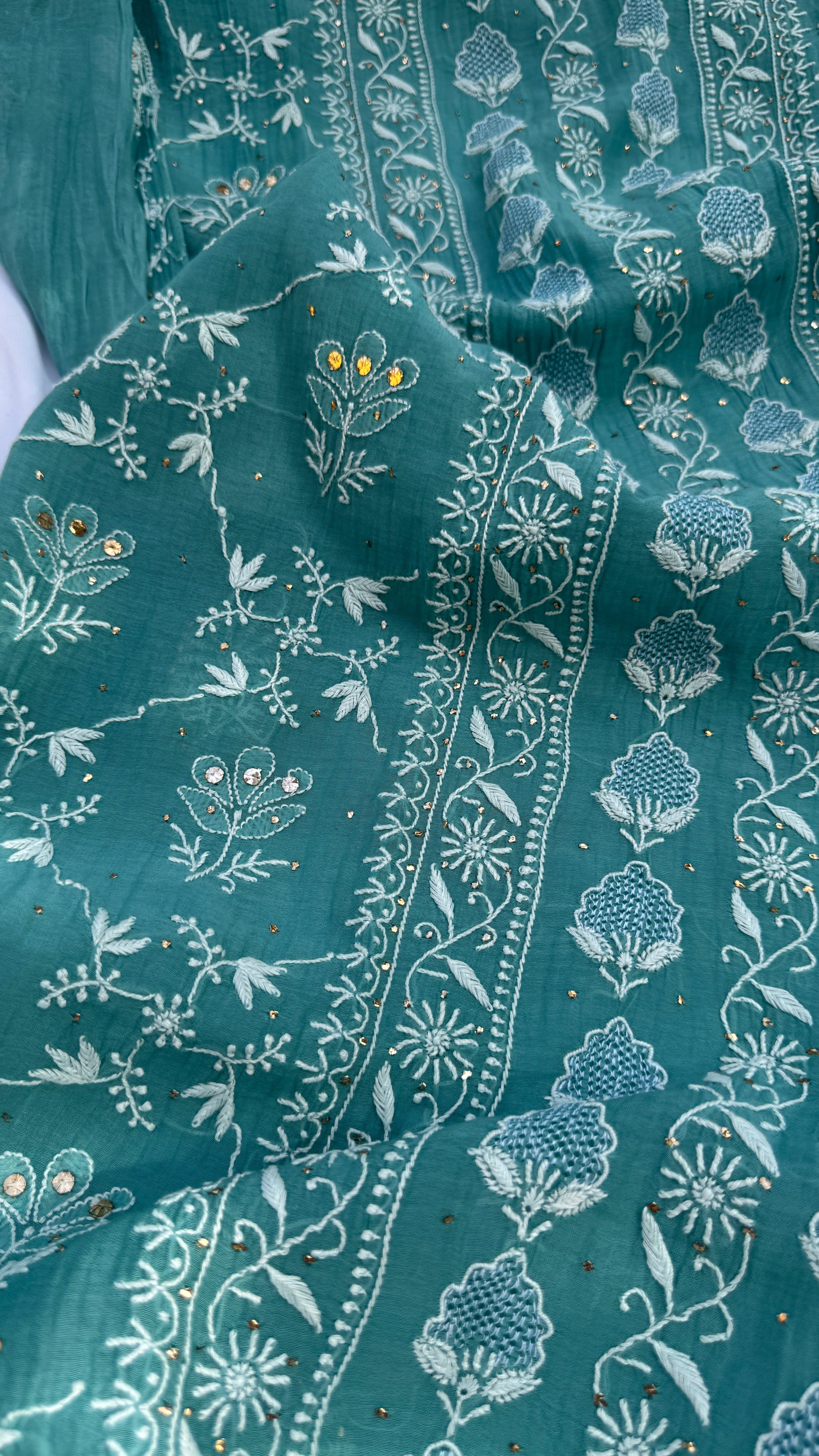 Mul Chanderi Chikankari Unstitched Length with Dupatta with Mukaish Add-On- Turquoise Green