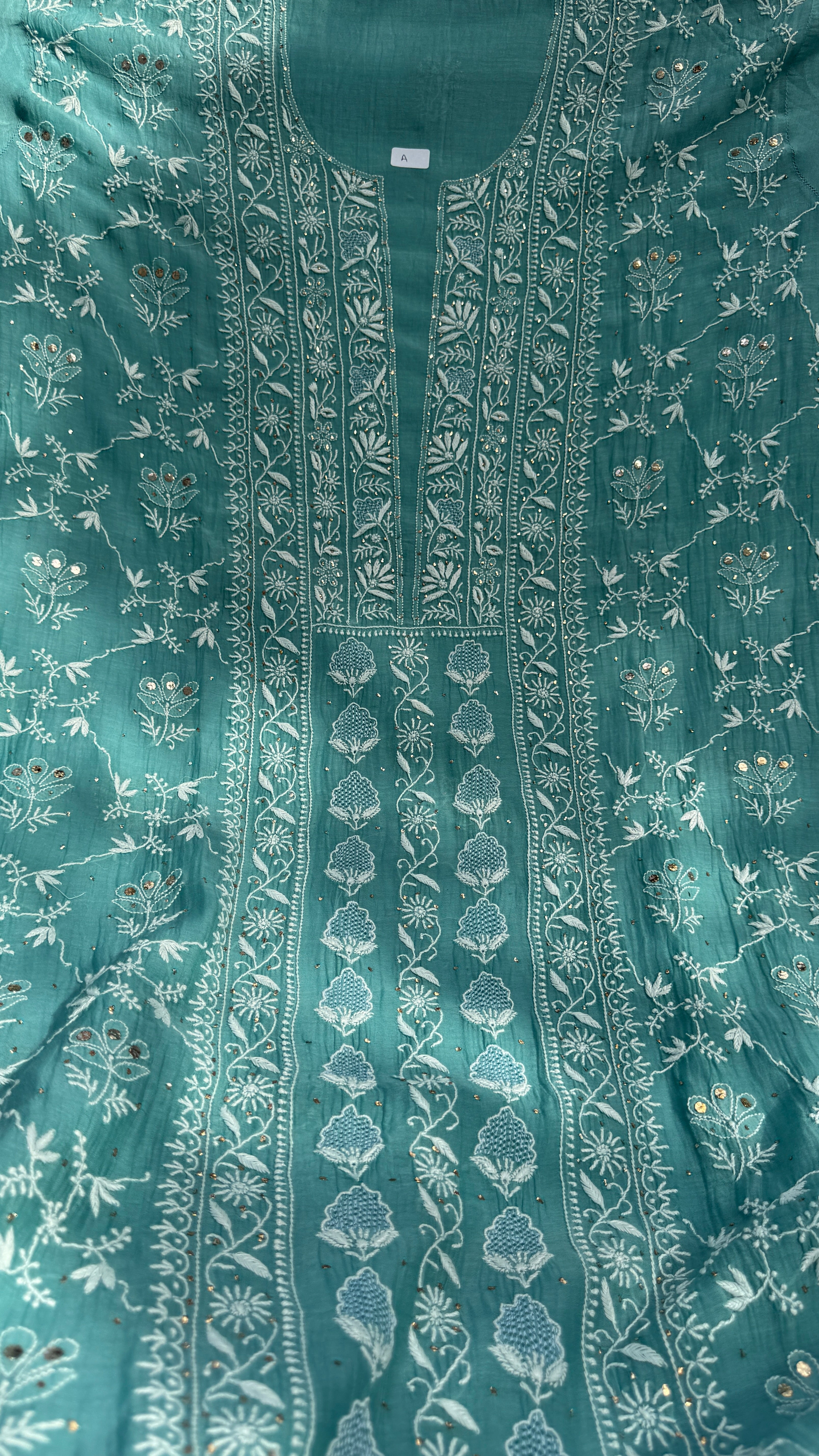 Mul Chanderi Chikankari Unstitched Length with Dupatta with Mukaish Add-On- Turquoise Green