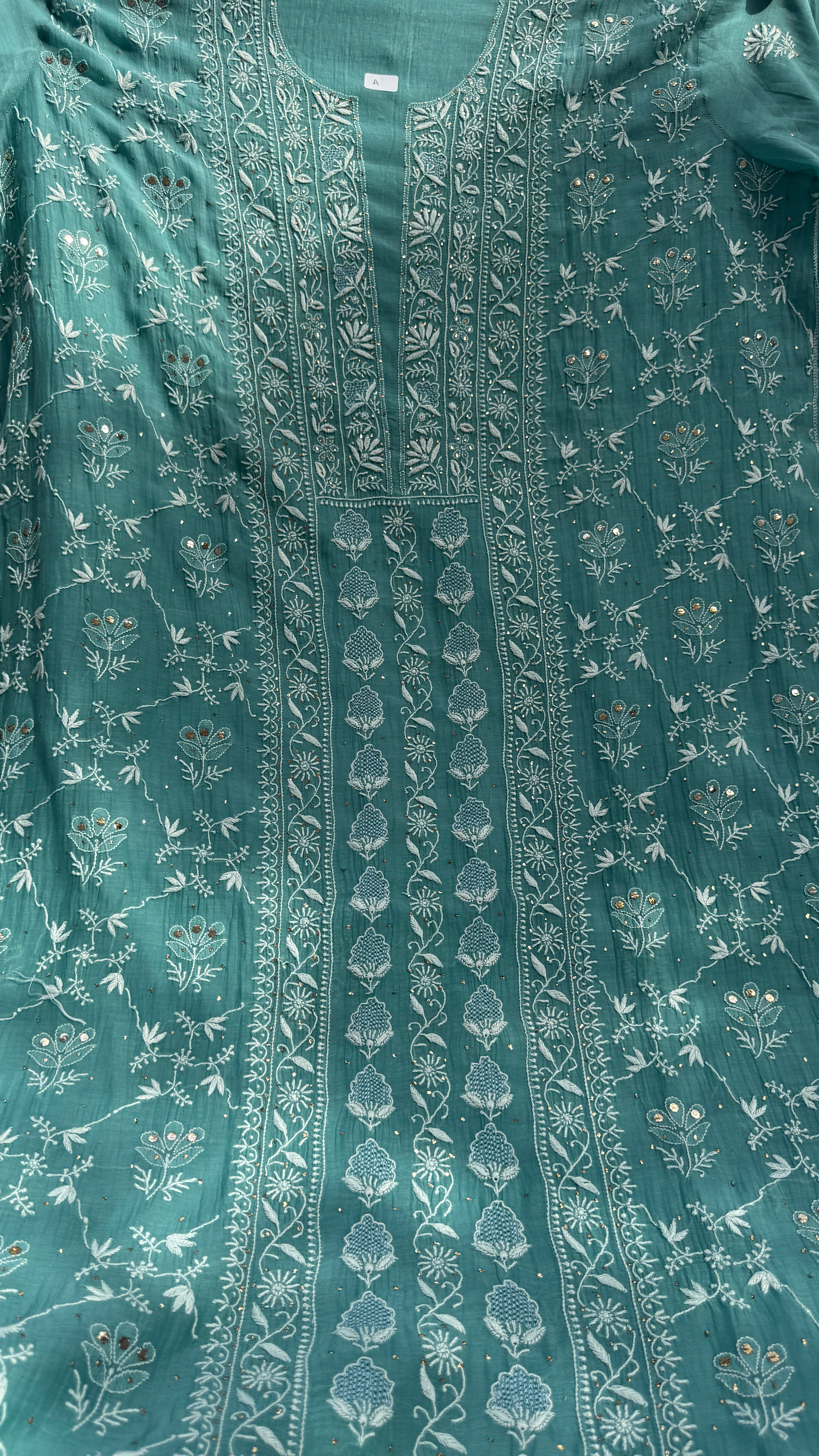 Mul Chanderi Chikankari Unstitched Length with Dupatta with Mukaish Add-On- Turquoise Green