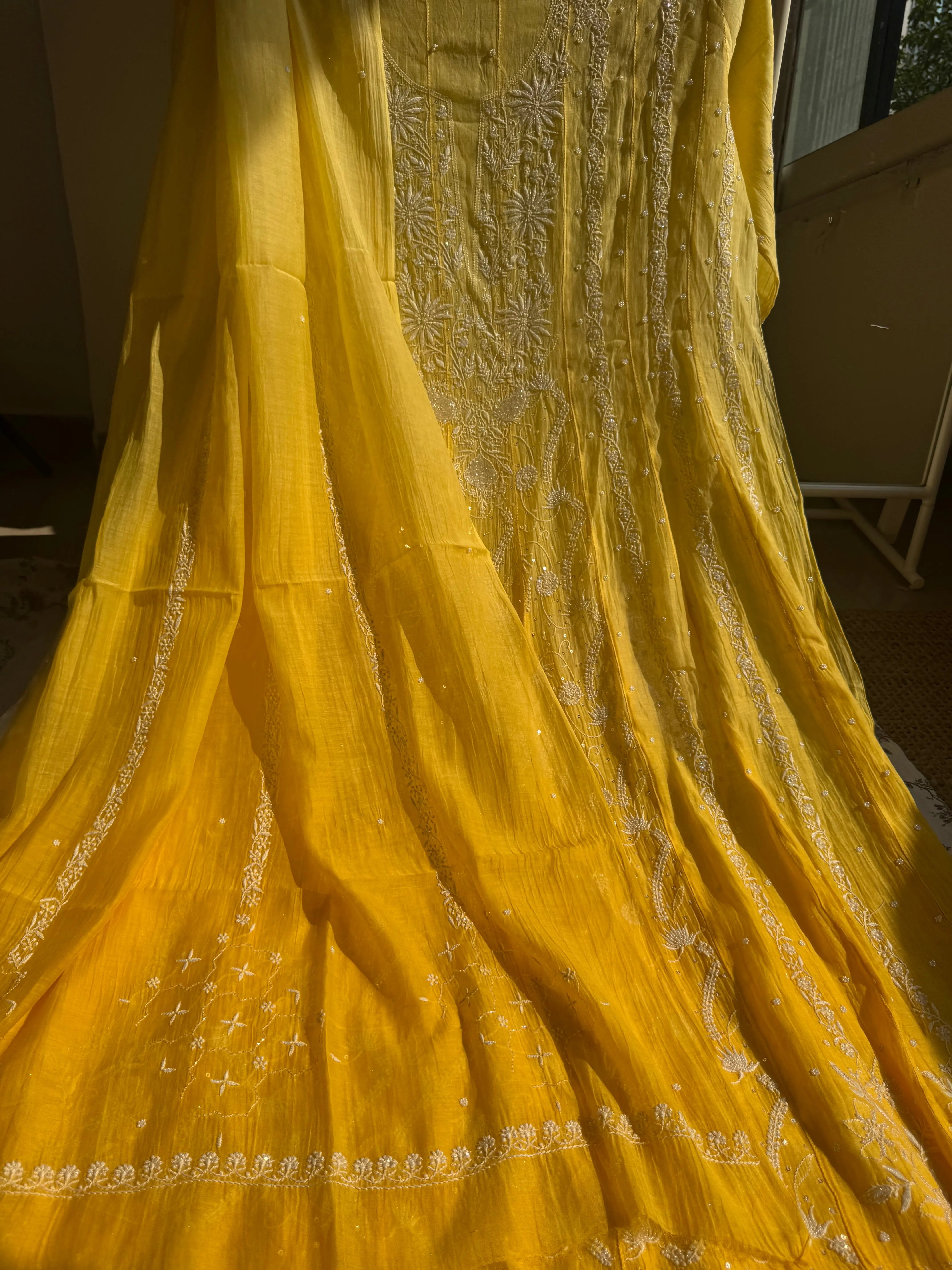 Mul Chanderi Chikankari Anarkali - Yellow ARIAA CHIKANKARI