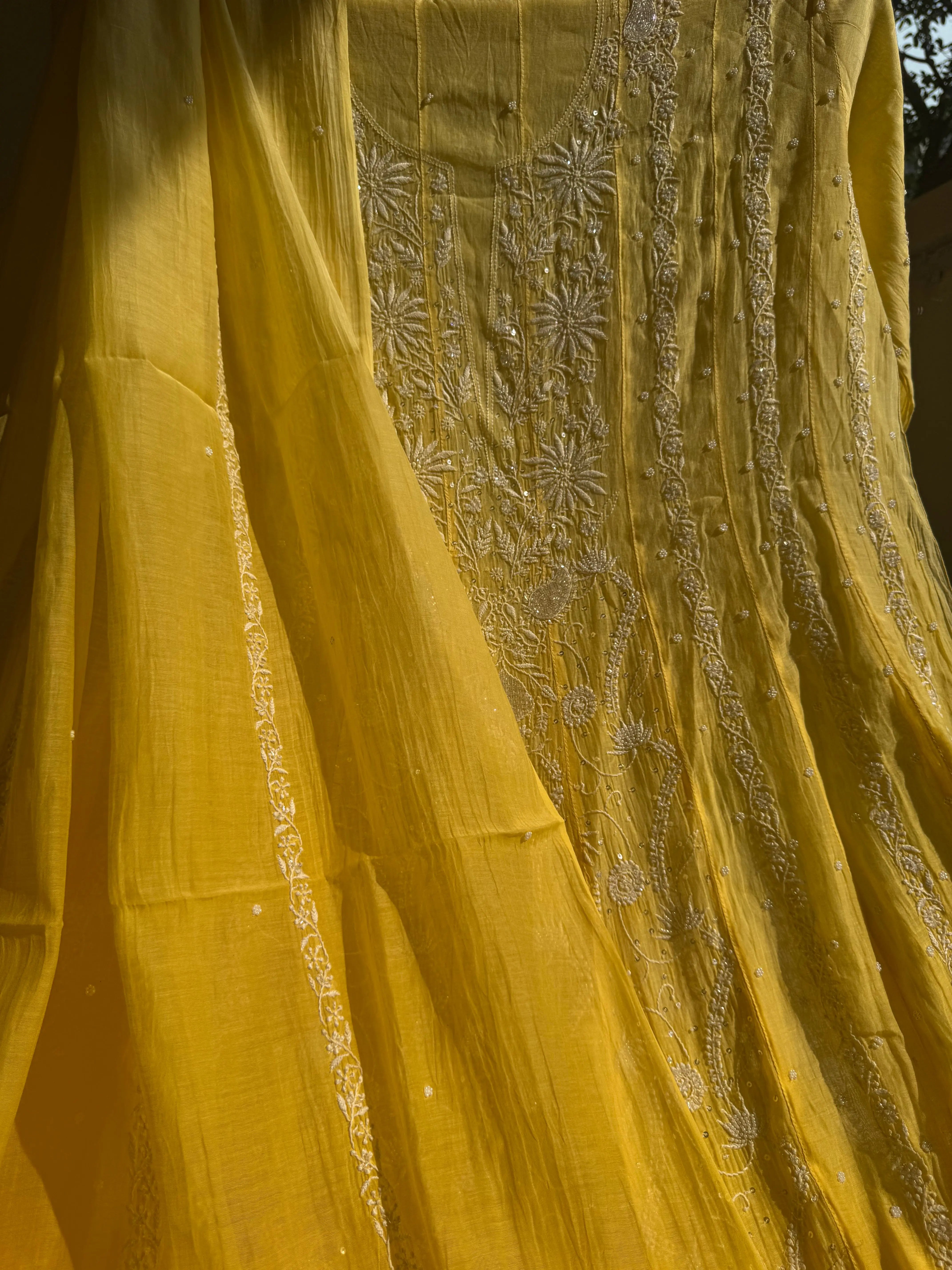 Mul Chanderi Chikankari Anarkali - Yellow ARIAA CHIKANKARI