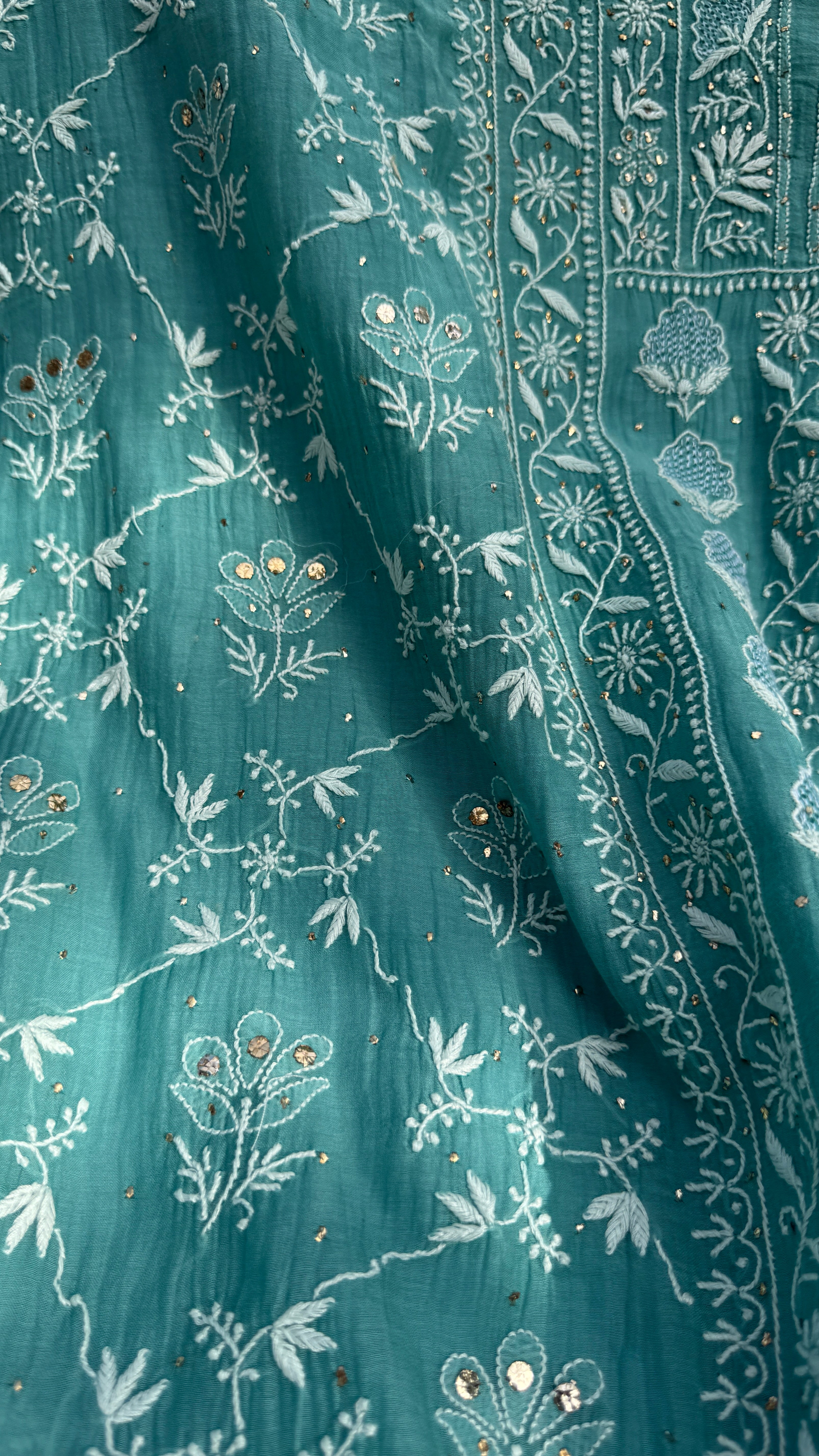 Mul Chanderi Chikankari Unstitched Length with Dupatta with Mukaish Add-On- Turquoise Green