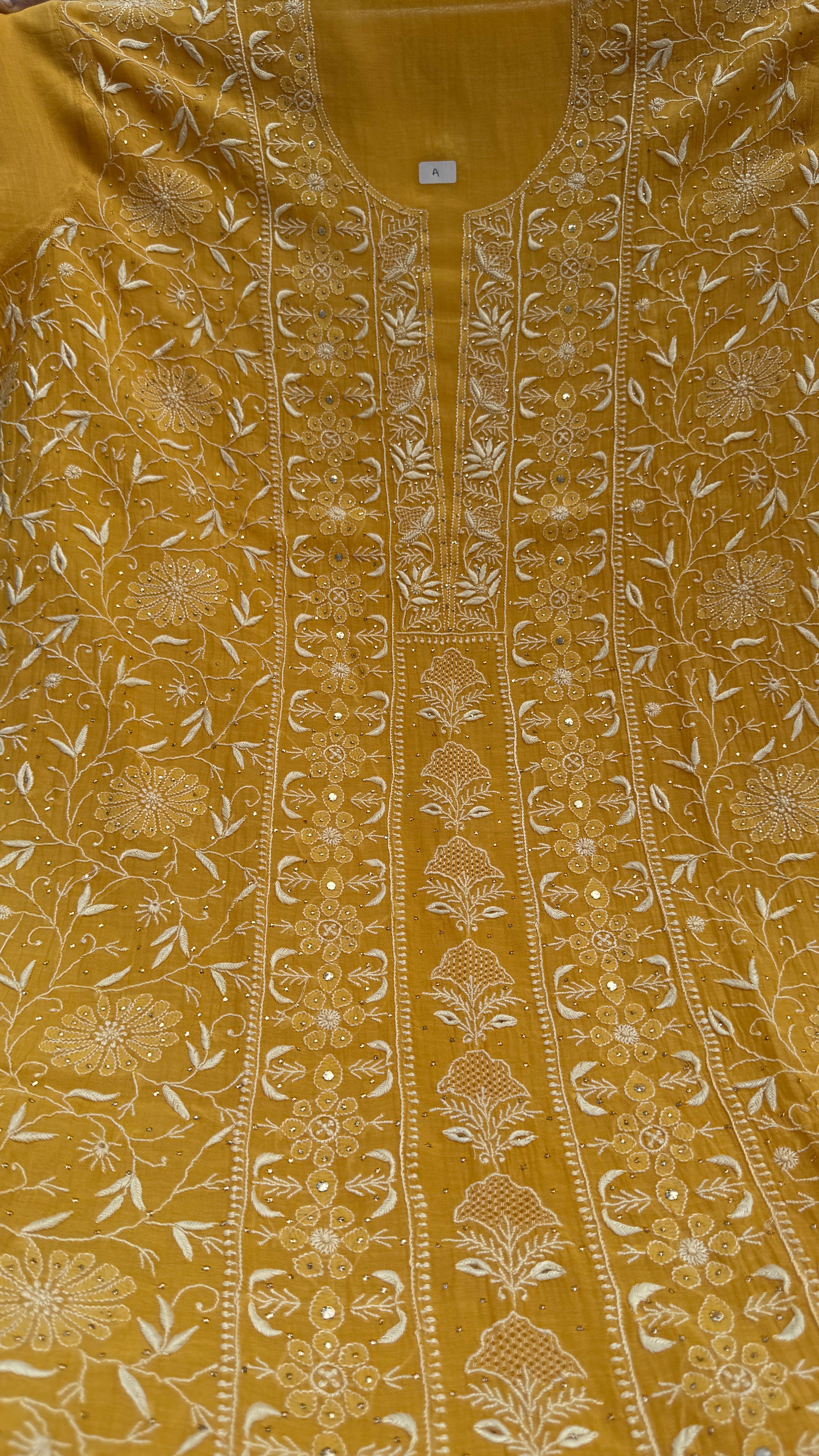 Mul Chanderi Chikankari Unstitched Length with Dupatta with Mukaish Add-On-Mustard Yellow
