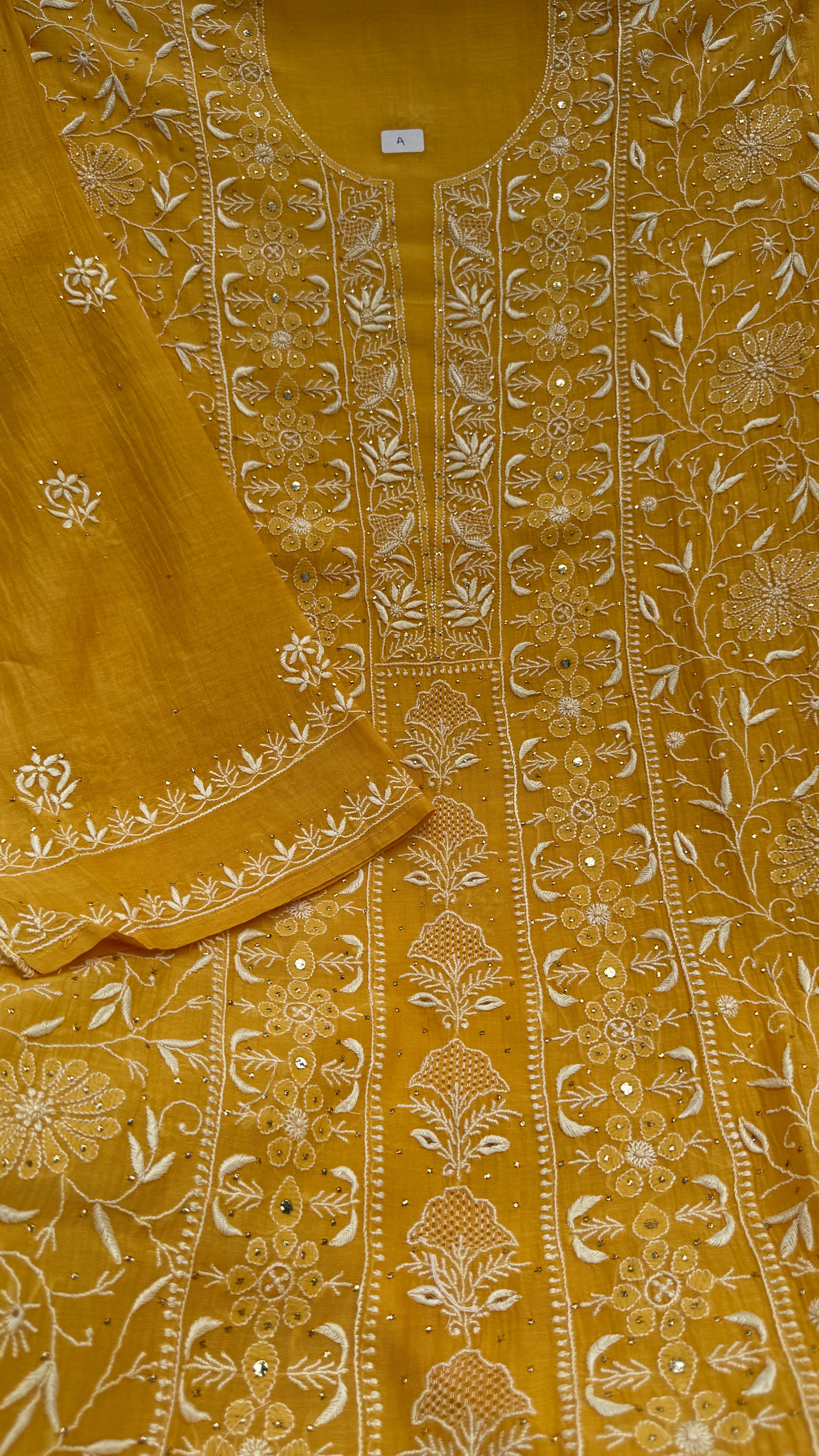Mul Chanderi Chikankari Unstitched Length with Dupatta with Mukaish Add-On-Mustard Yellow