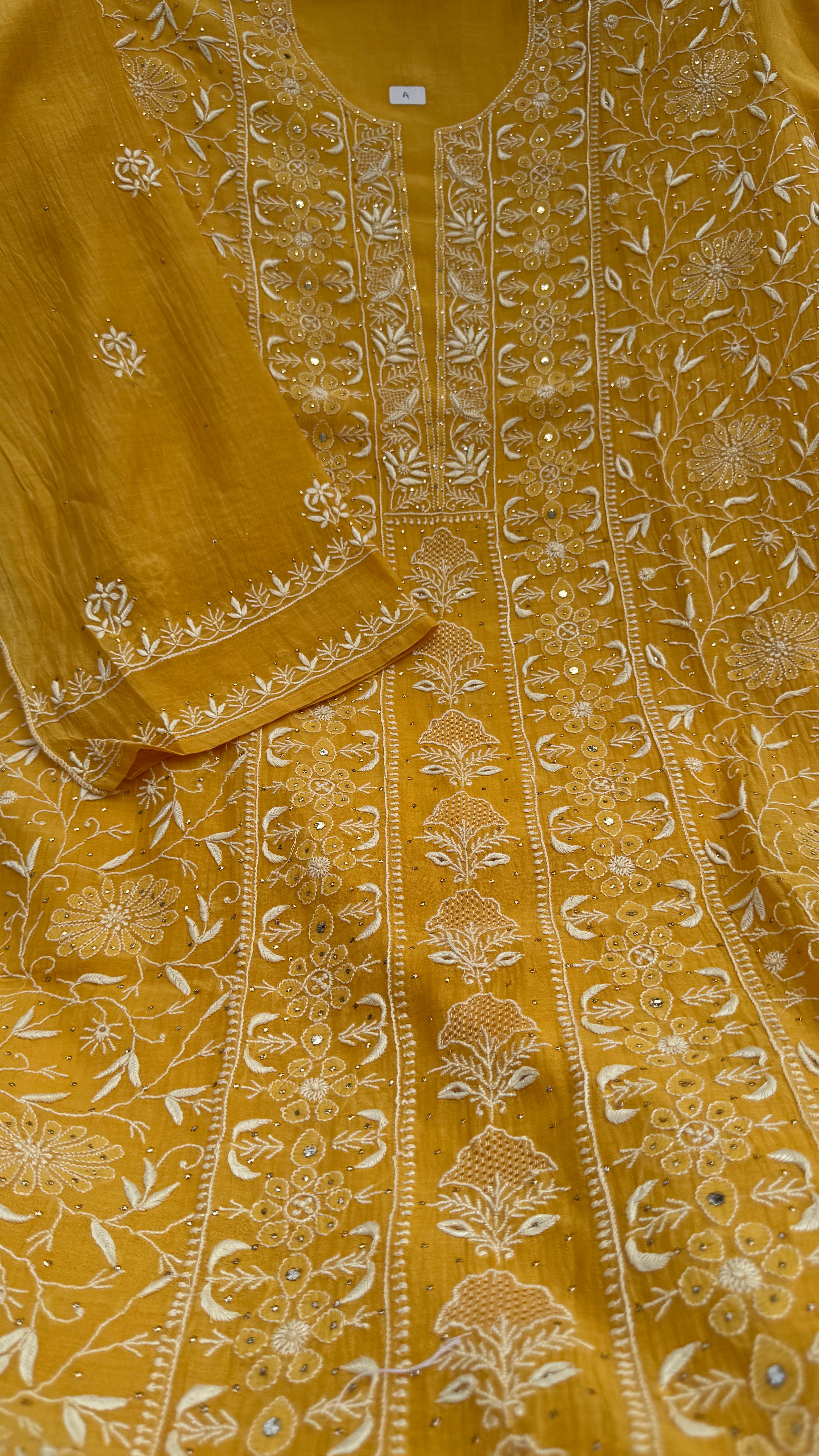 Mul Chanderi Chikankari Unstitched Length with Dupatta with Mukaish Add-On-Mustard Yellow