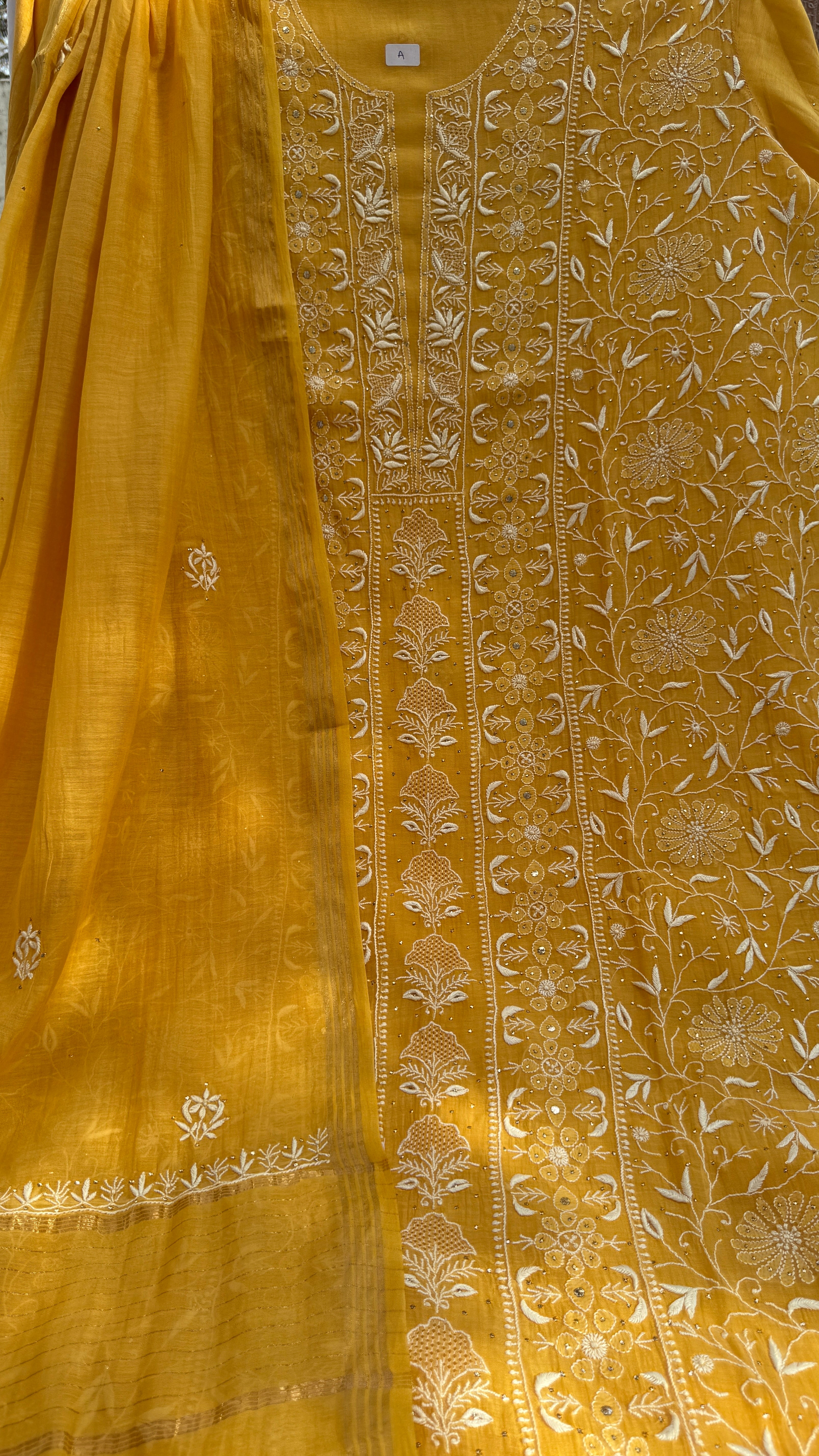 Mul Chanderi Chikankari Unstitched Length with Dupatta with Mukaish Add-On-Mustard Yellow