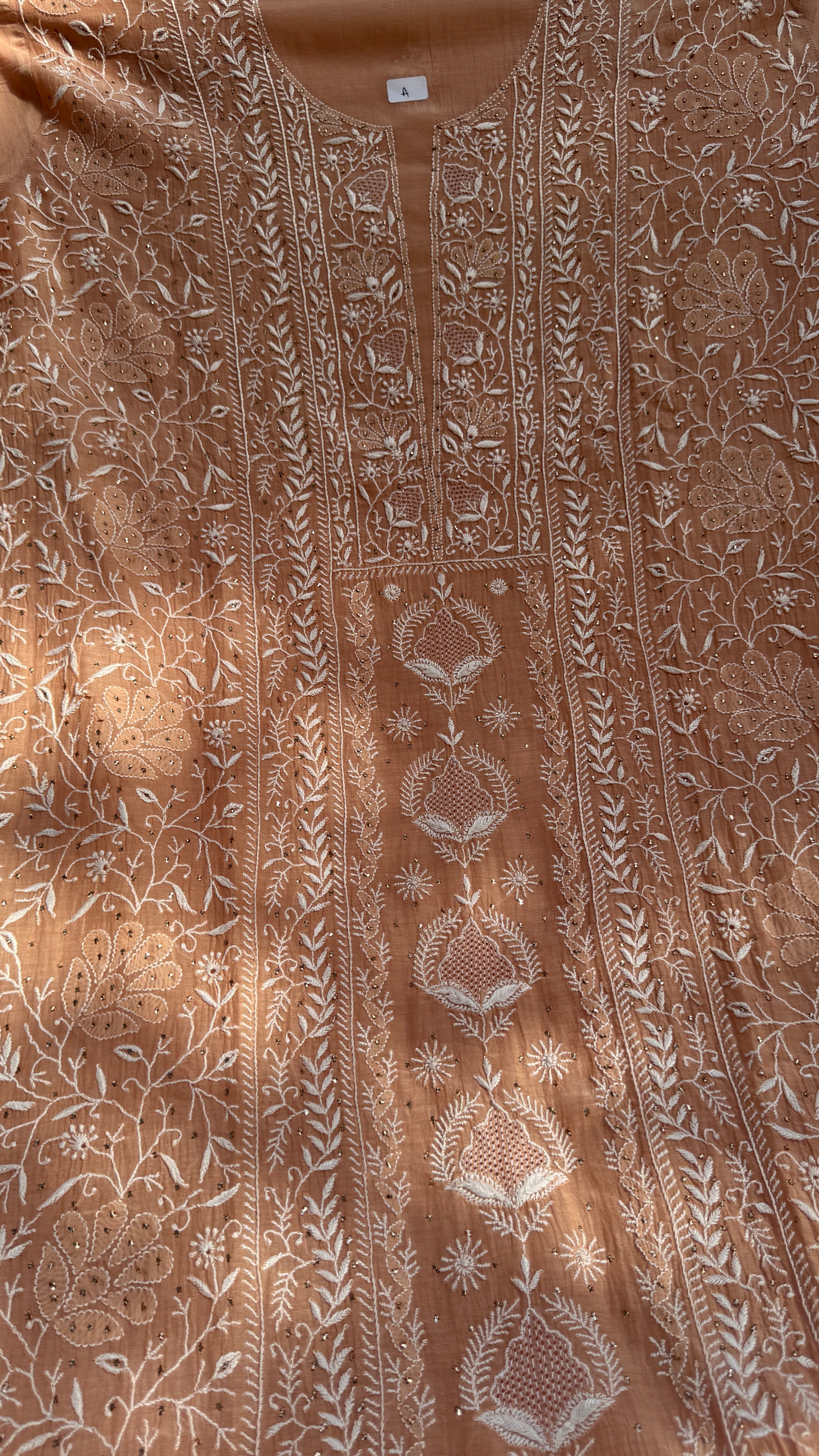 Mul Chanderi Chikankari Unstitched Length with Dupatta with Mukaish Add-On-Peach