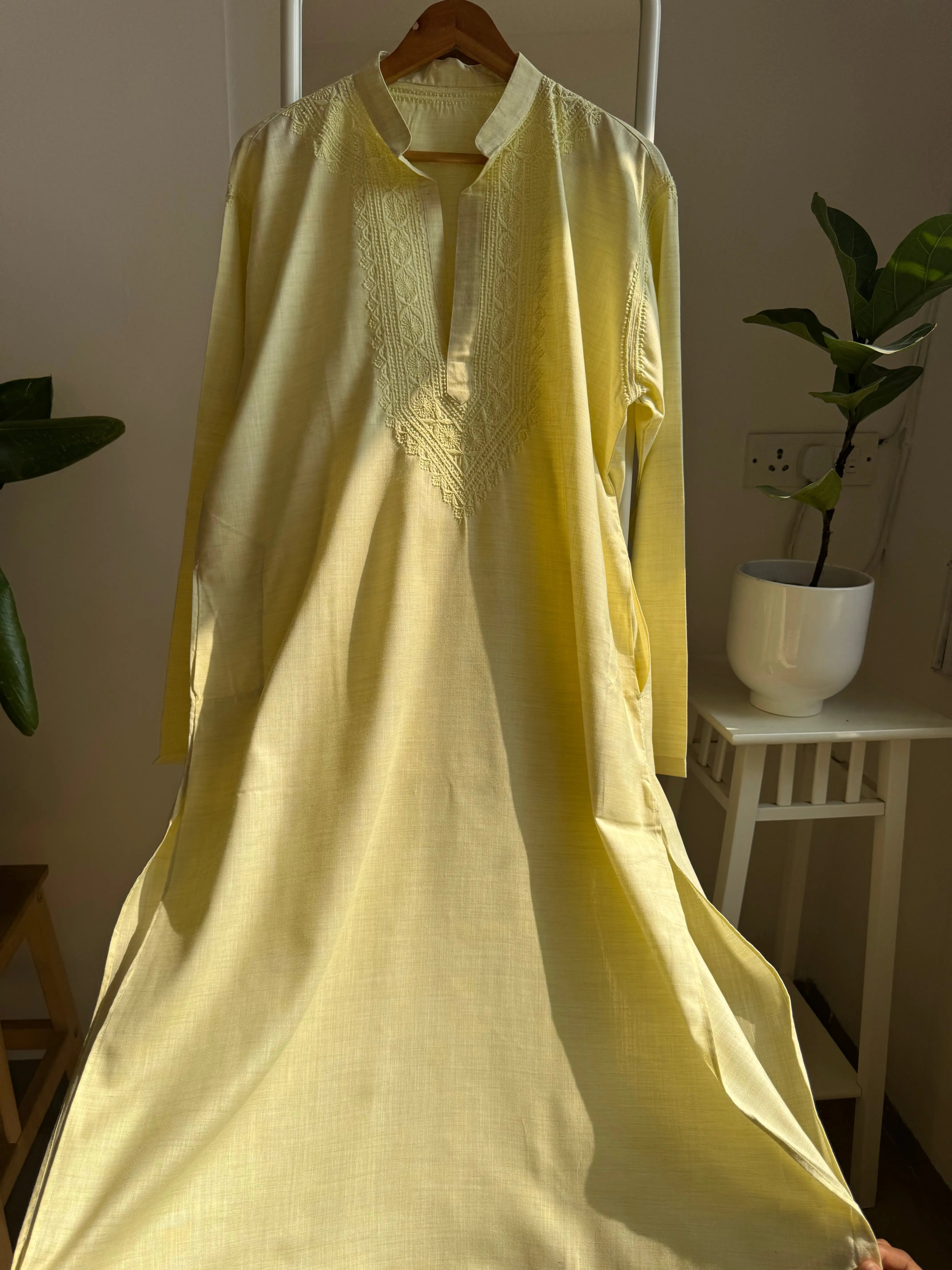 Cotton Chikankari Kurta - Yellow - Men's Collection ARIAA CHIKANKARI