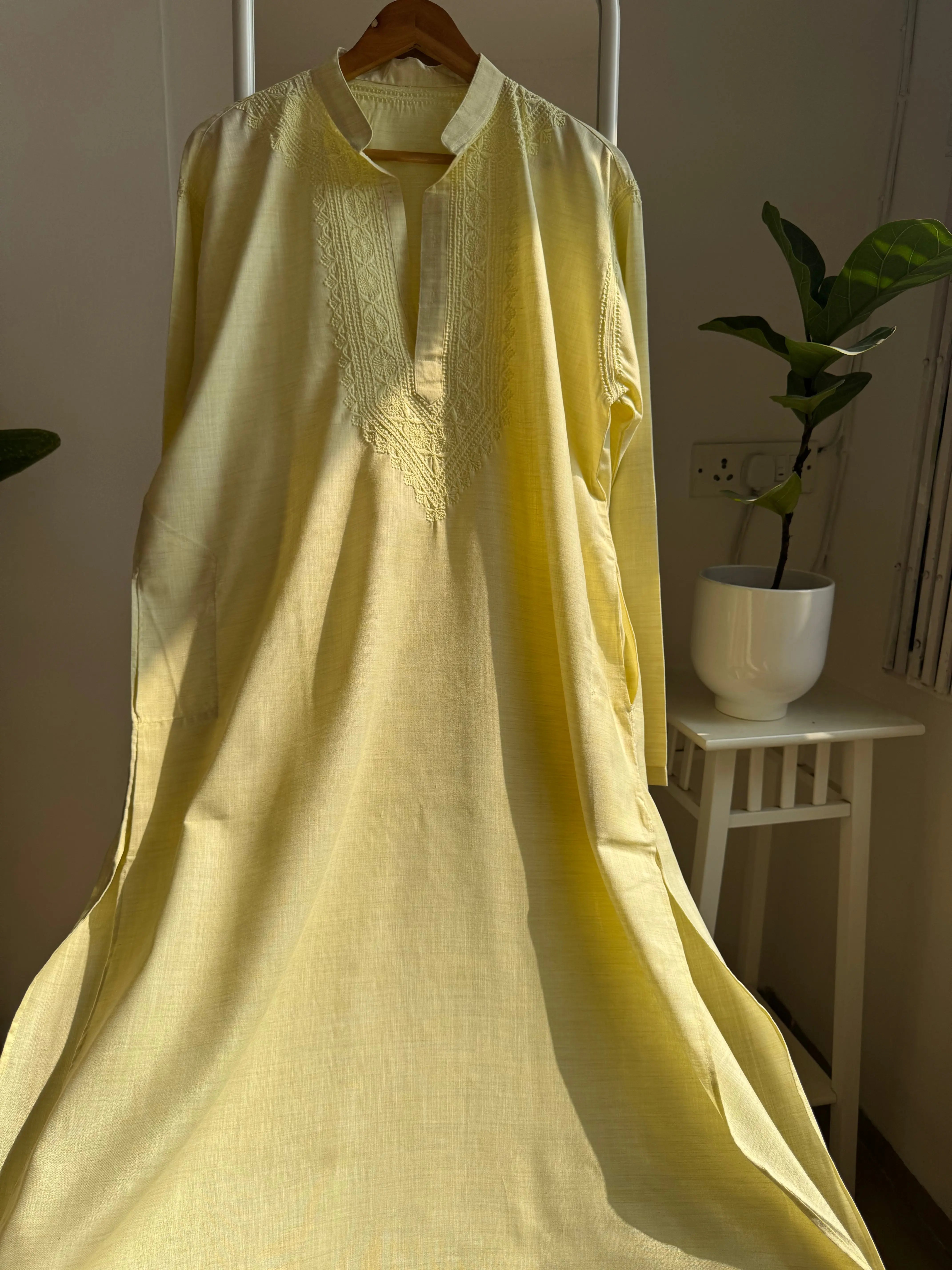 Cotton Chikankari Kurta - Yellow - Men's Collection ARIAA CHIKANKARI