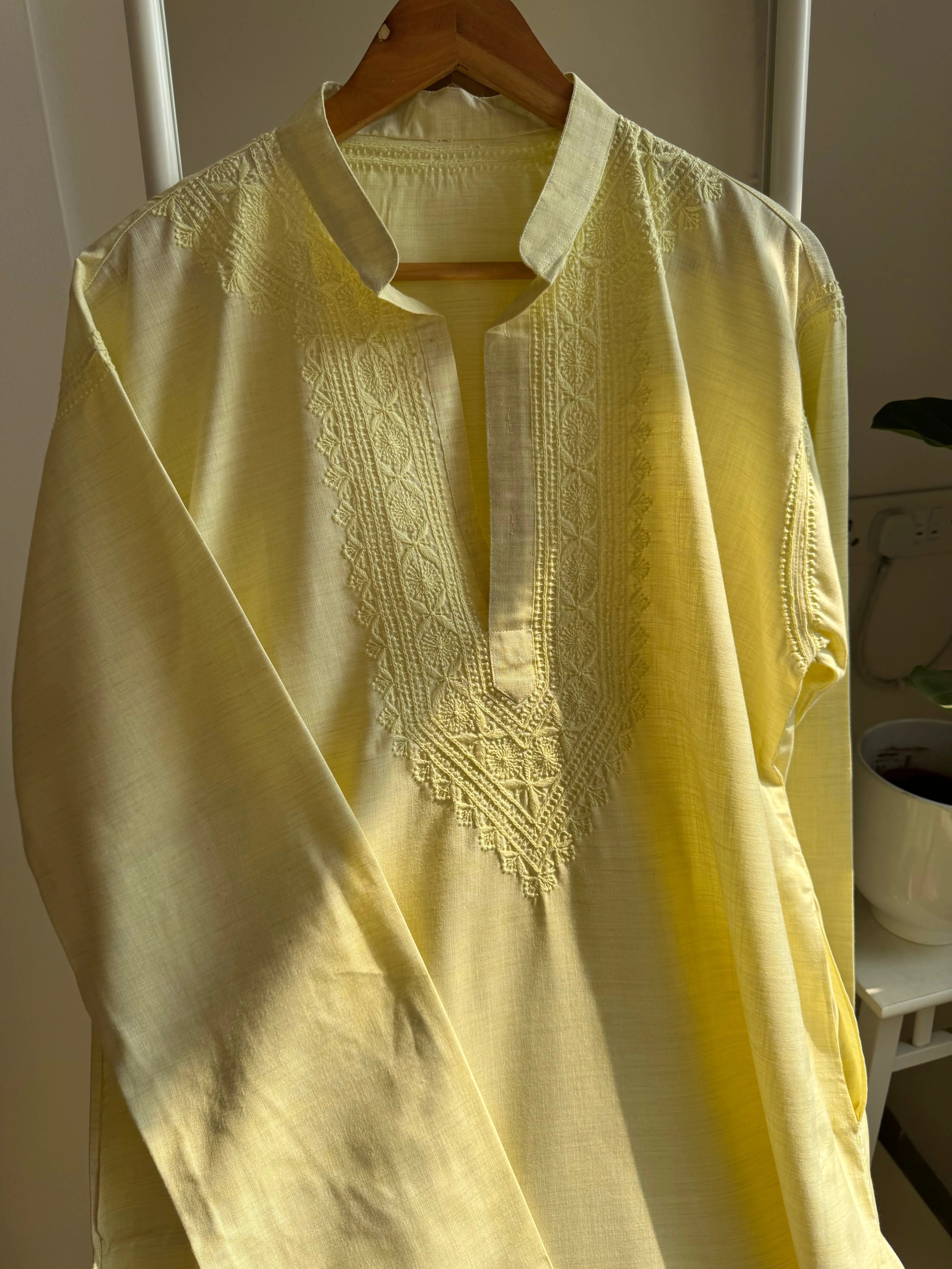Cotton Chikankari Kurta - Yellow - Men's Collection ARIAA CHIKANKARI