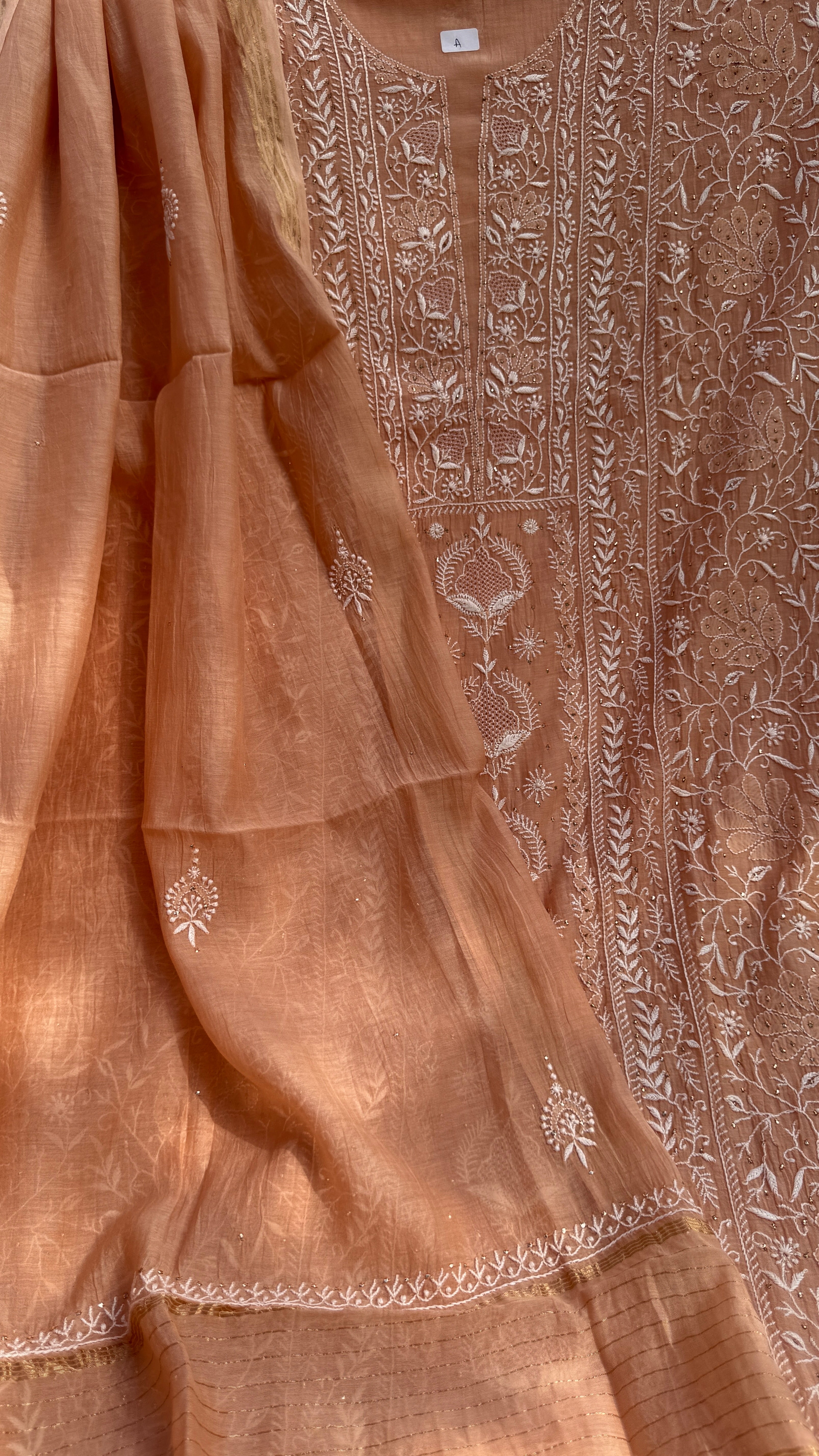 Mul Chanderi Chikankari Unstitched Length with Dupatta with Mukaish Add-On-Peach