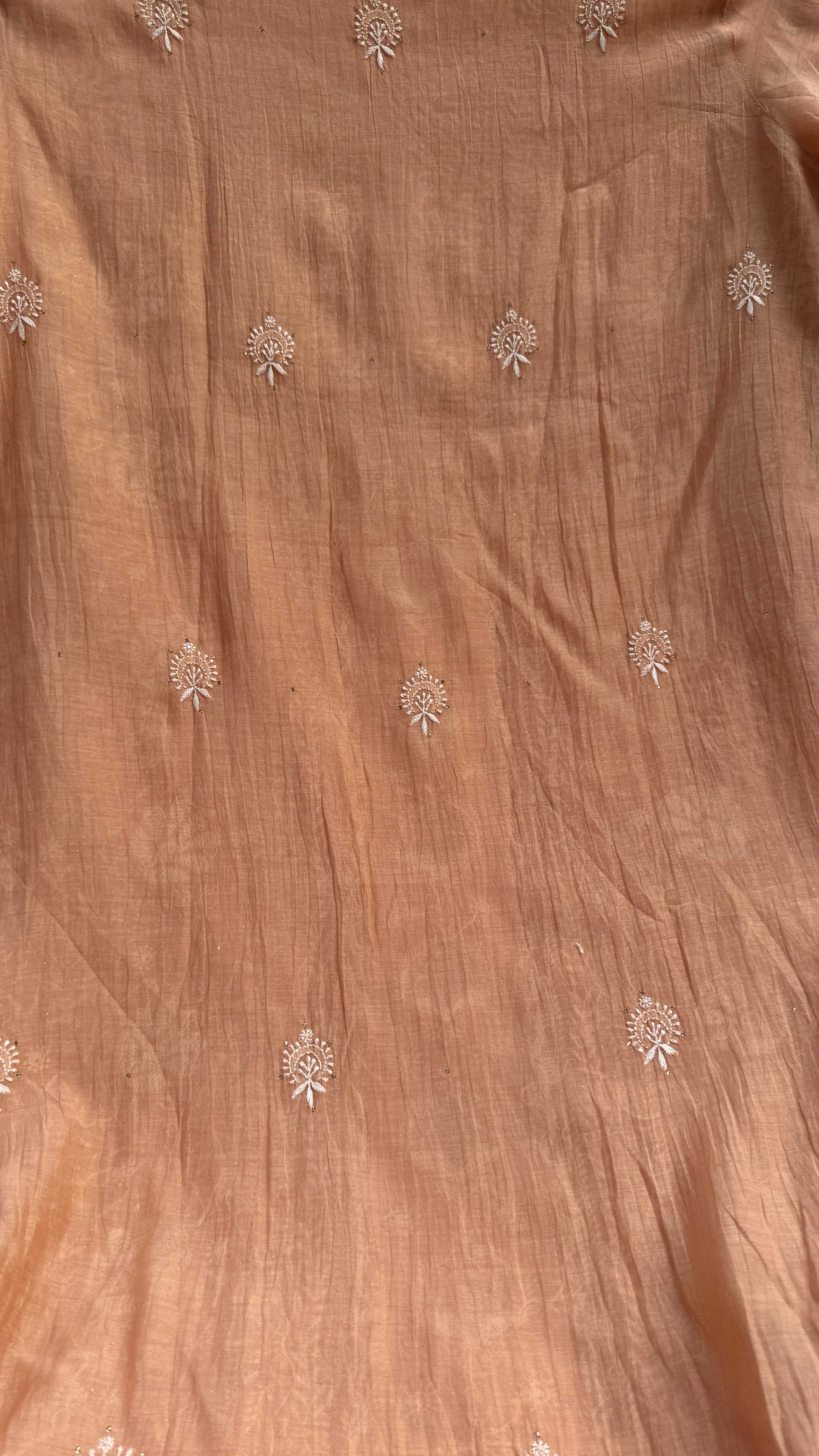 Mul Chanderi Chikankari Unstitched Length with Dupatta with Mukaish Add-On-Peach
