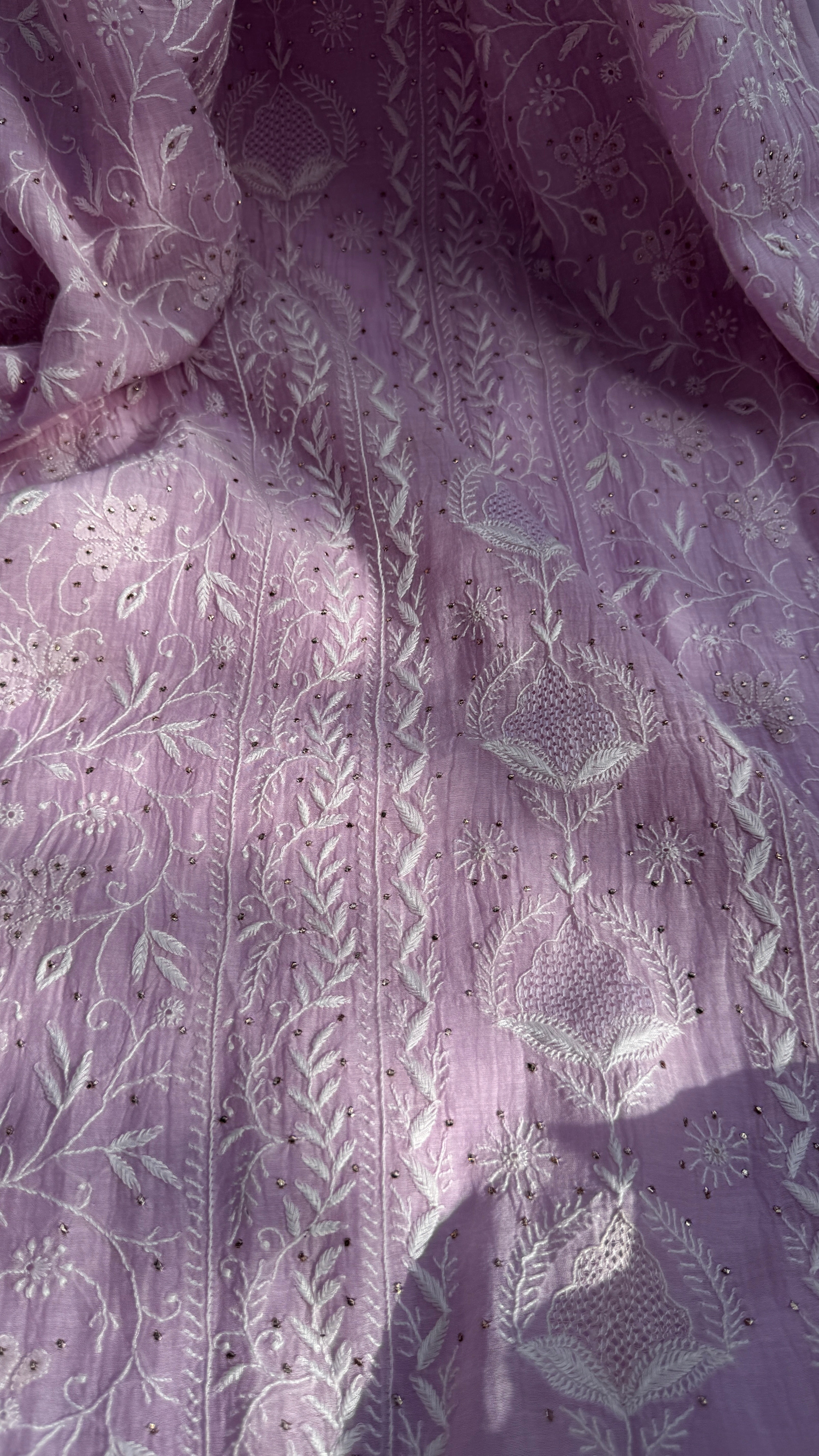 Mul Chanderi Chikankari Unstitched Length with Dupatta with Mukaish Add-On - Lilac