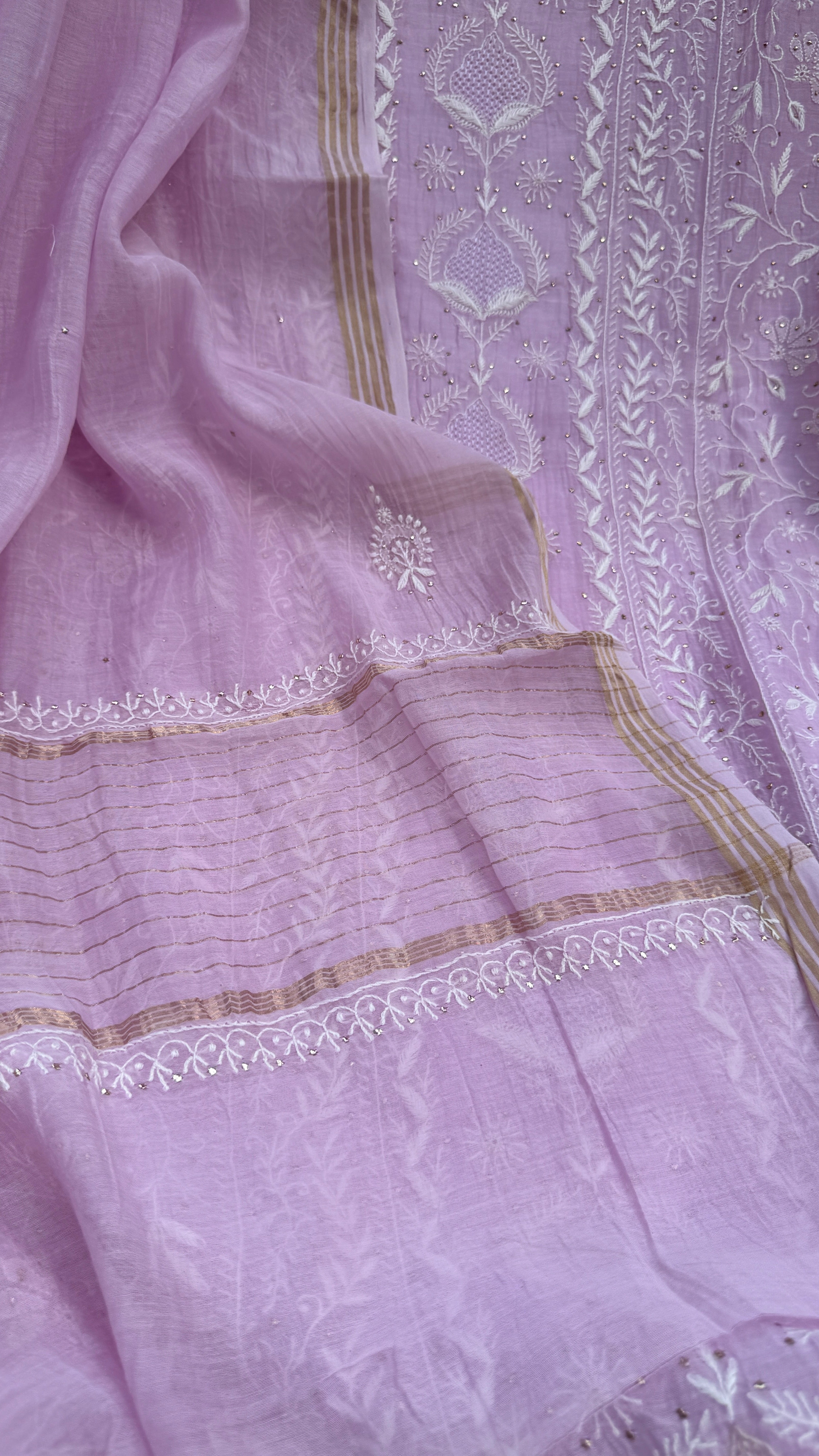 Mul Chanderi Chikankari Unstitched Length with Dupatta with Mukaish Add-On - Lilac
