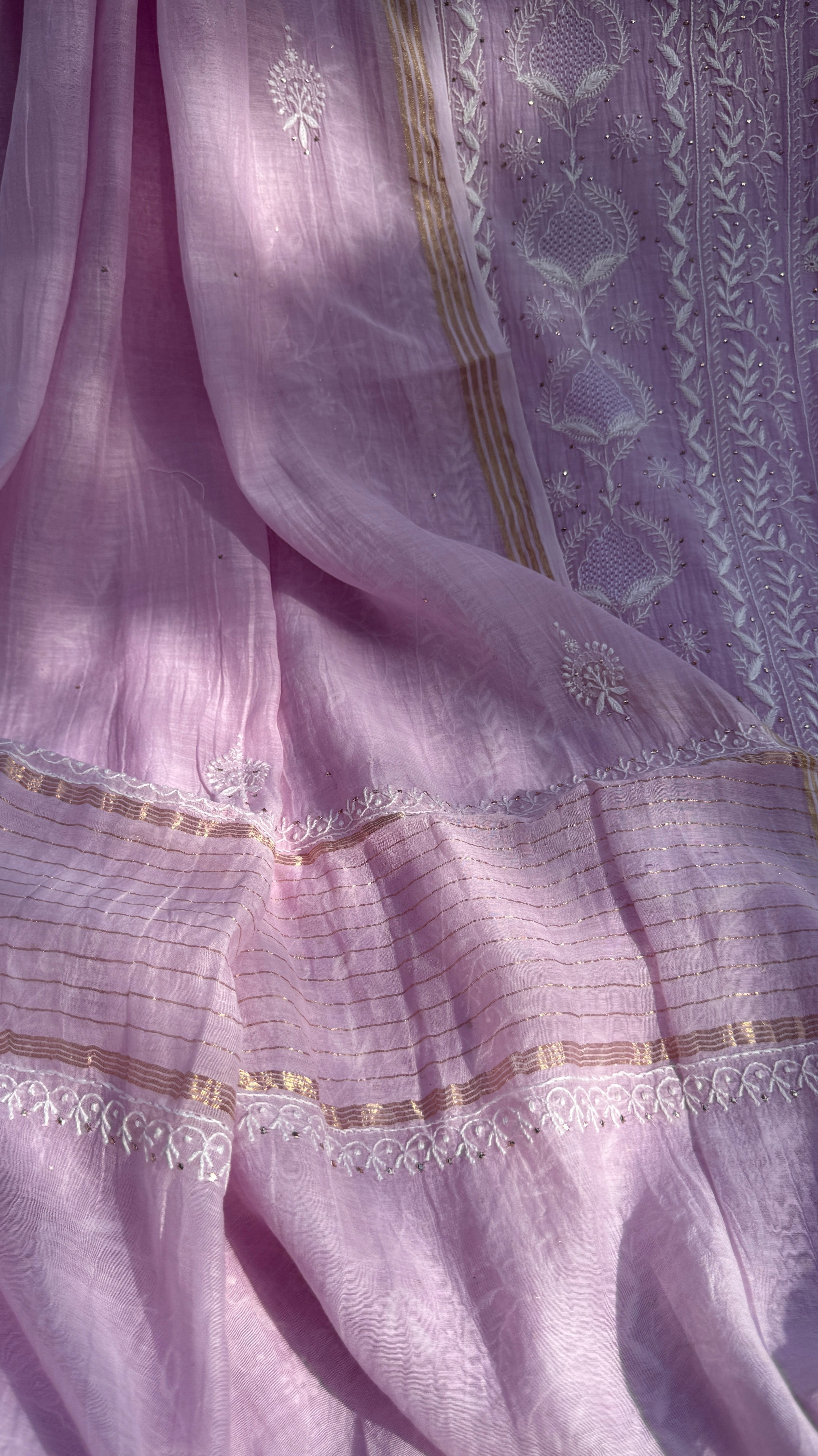 Mul Chanderi Chikankari Unstitched Length with Dupatta with Mukaish Add-On - Lilac